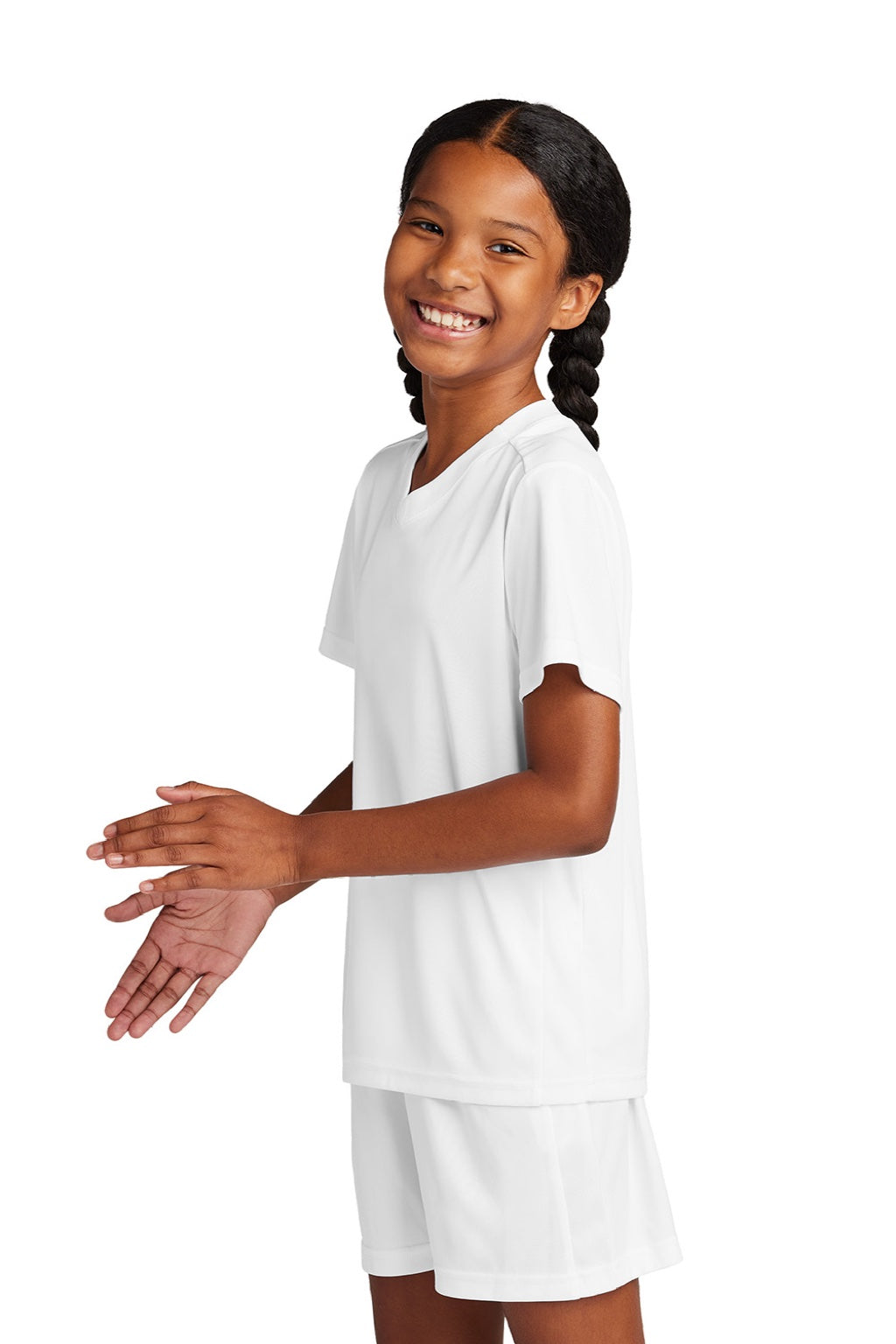 Sport-Tek YST101 Youth Moisture Wicking Competitor United Short Sleeve V-Neck T-Shirt White Model Side