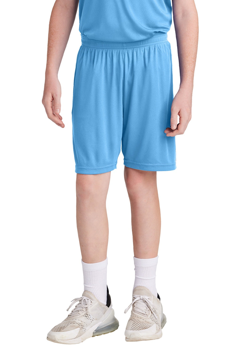 Sport-Tek YST103 Youth Moisture Wicking Competitor United Athletic Shorts Carolina Blue/White Model Front
