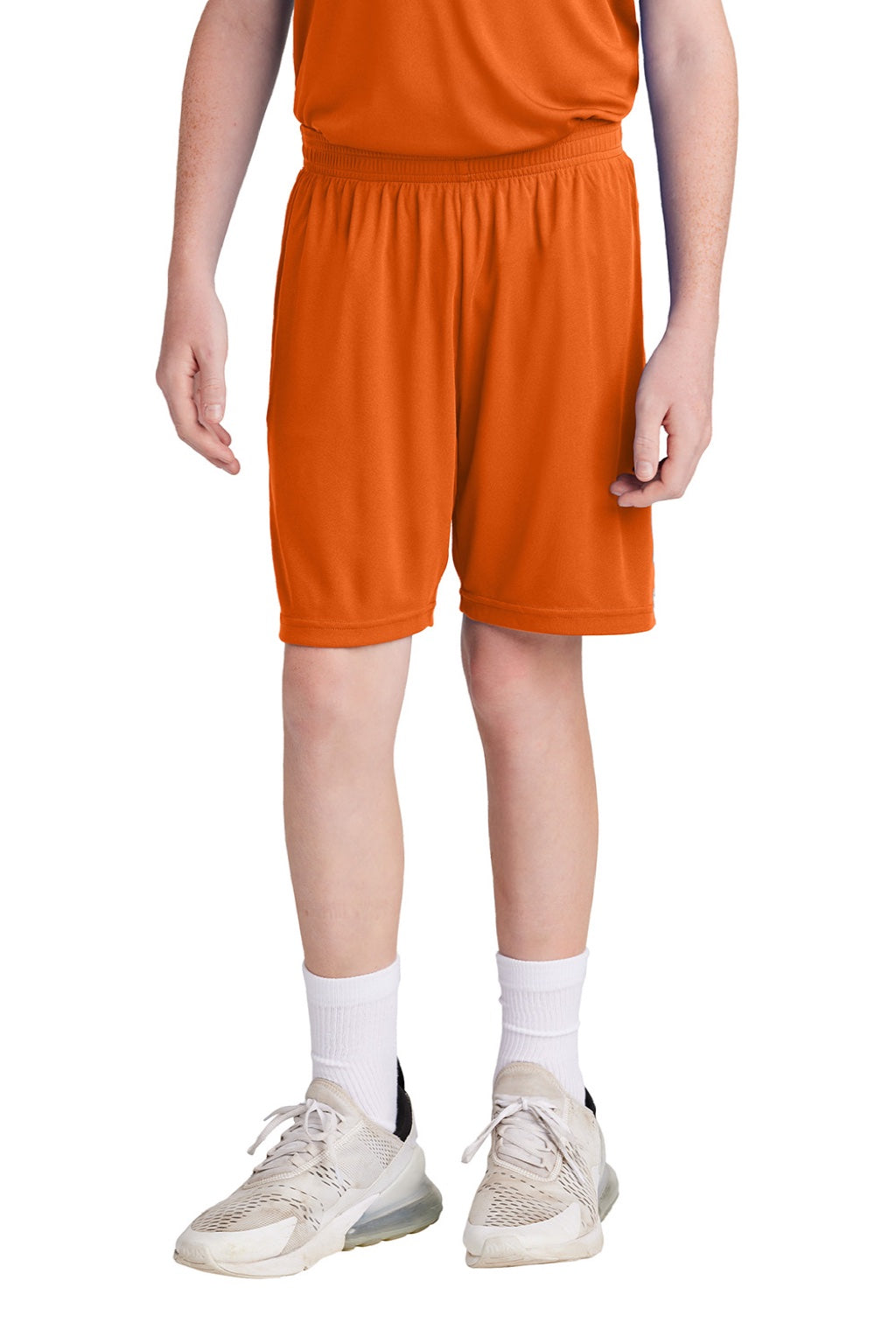 Sport-Tek YST103 Youth Moisture Wicking Competitor United Athletic Shorts Deep Orange/White Model Front