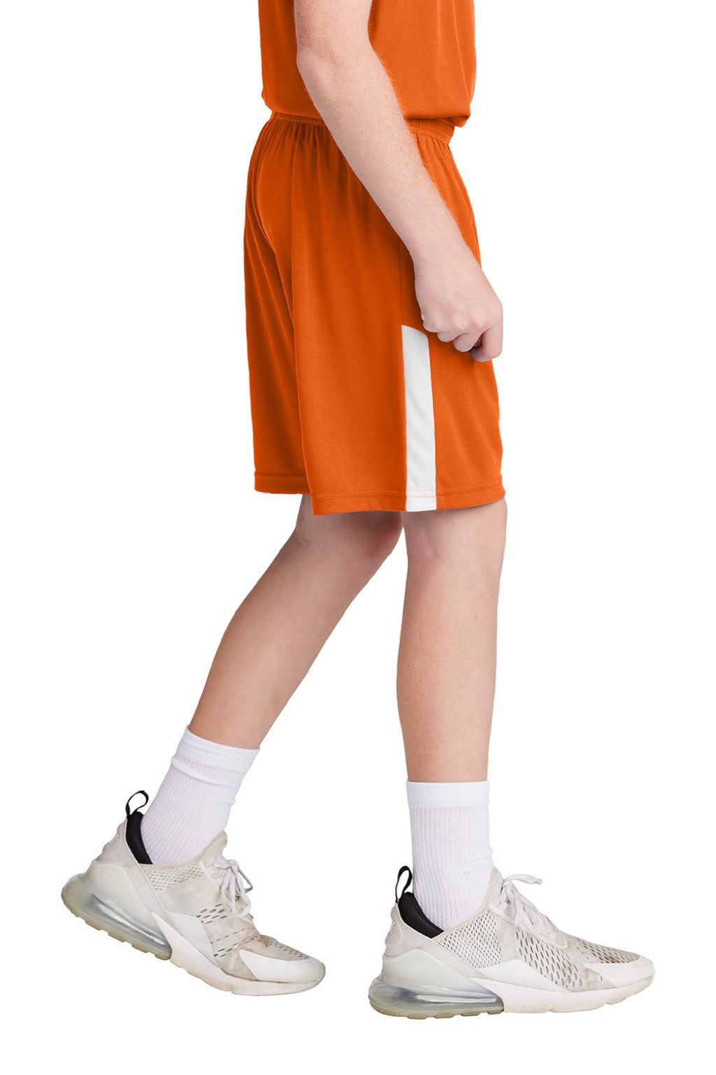 Sport-Tek YST103 Youth Moisture Wicking Competitor United Athletic Shorts Deep Orange/White Model Side