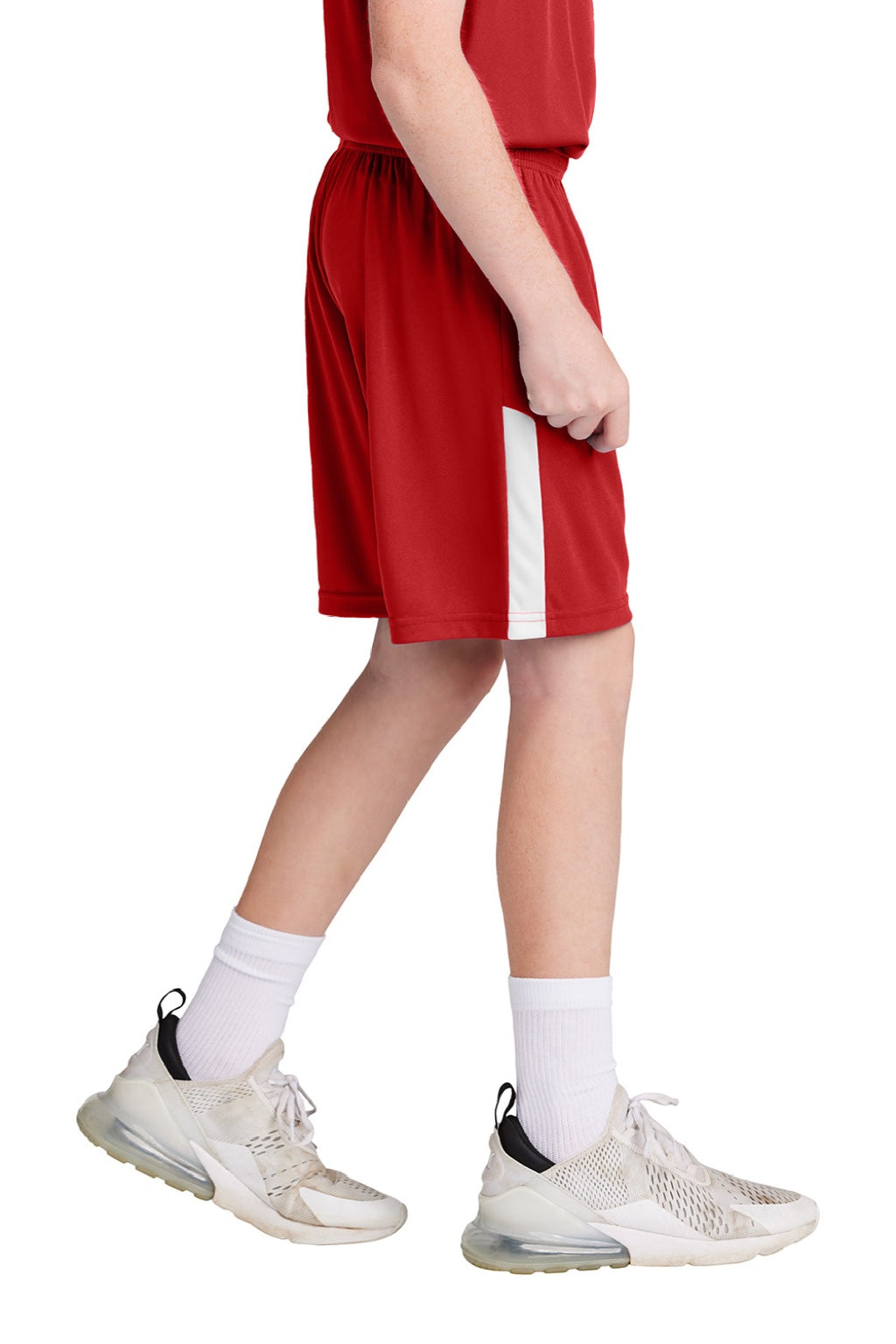 Sport-Tek YST103 Youth Moisture Wicking Competitor United Athletic Shorts Deep Red/White Model Side