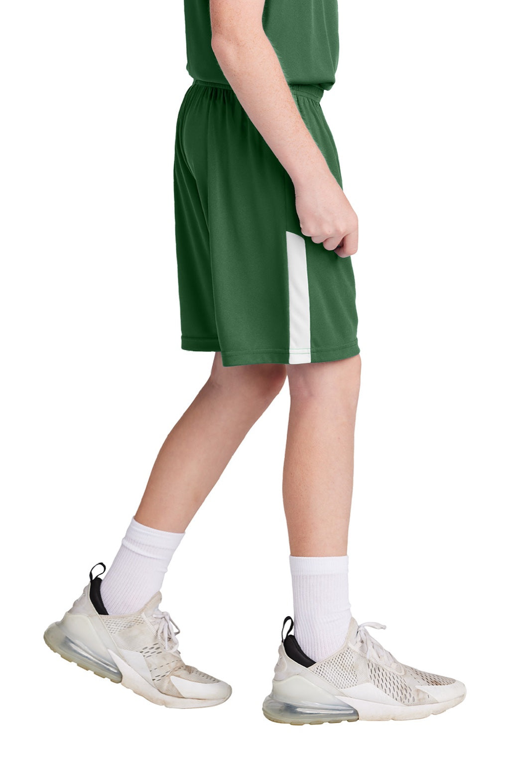 Sport-Tek YST103 Youth Moisture Wicking Competitor United Athletic Shorts Forest Green/White Model Side