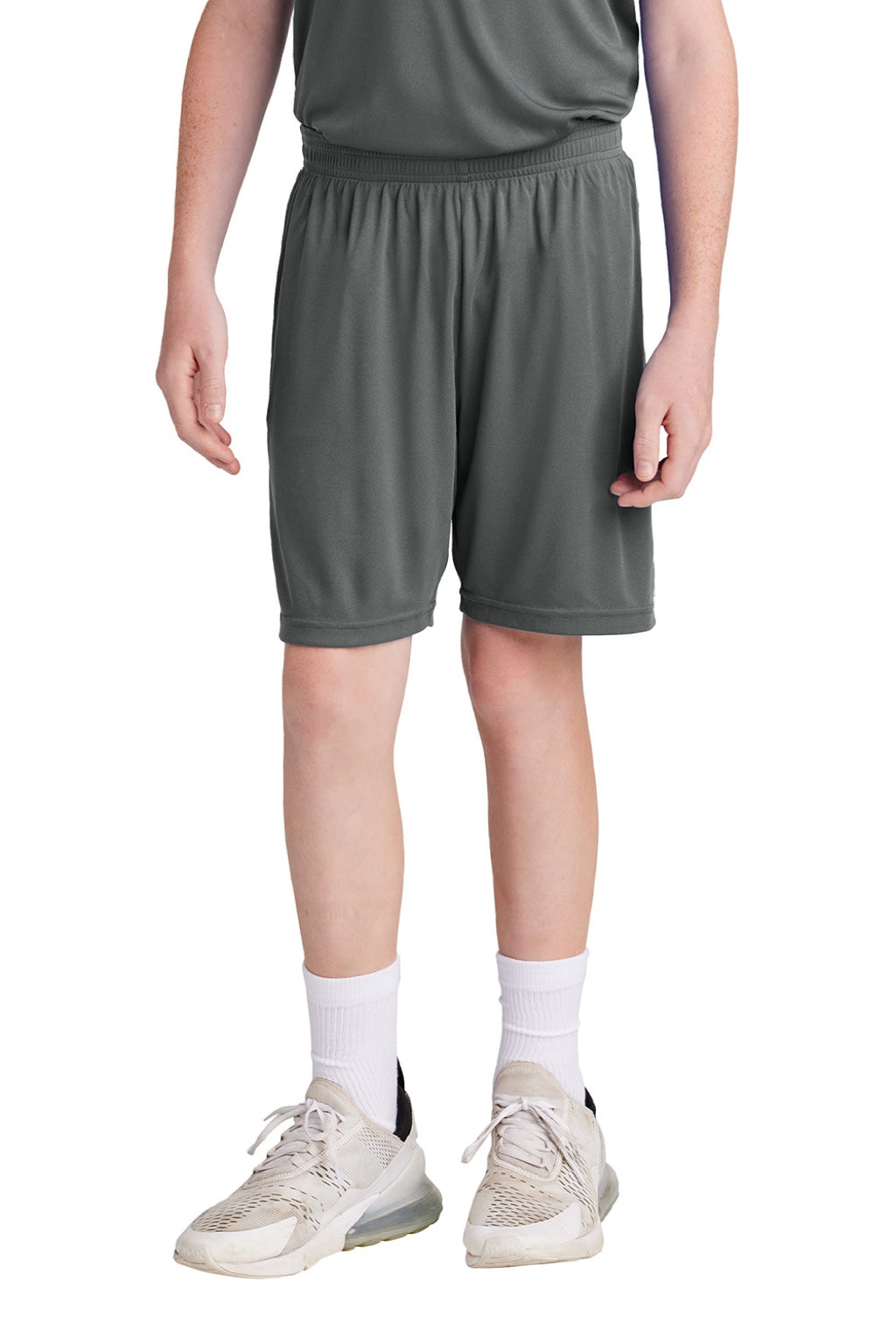 Sport-Tek YST103 Youth Moisture Wicking Competitor United Athletic Shorts Iron Grey/White Model Front