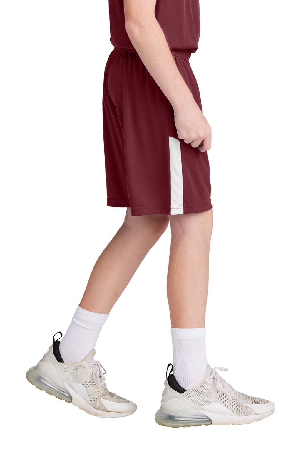 Sport-Tek YST103 Youth Moisture Wicking Competitor United Athletic Shorts Maroon/White Model Side