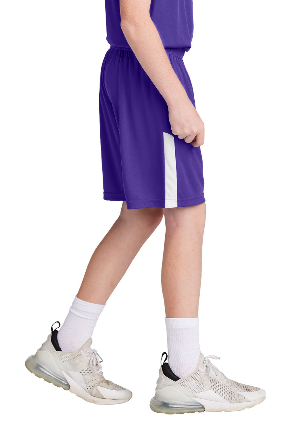 Sport-Tek YST103 Youth Moisture Wicking Competitor United Athletic Shorts Purple/White Model Side