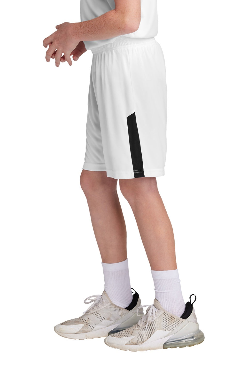 Sport-Tek YST103 Youth Moisture Wicking Competitor United Athletic Shorts White/Black Model Side