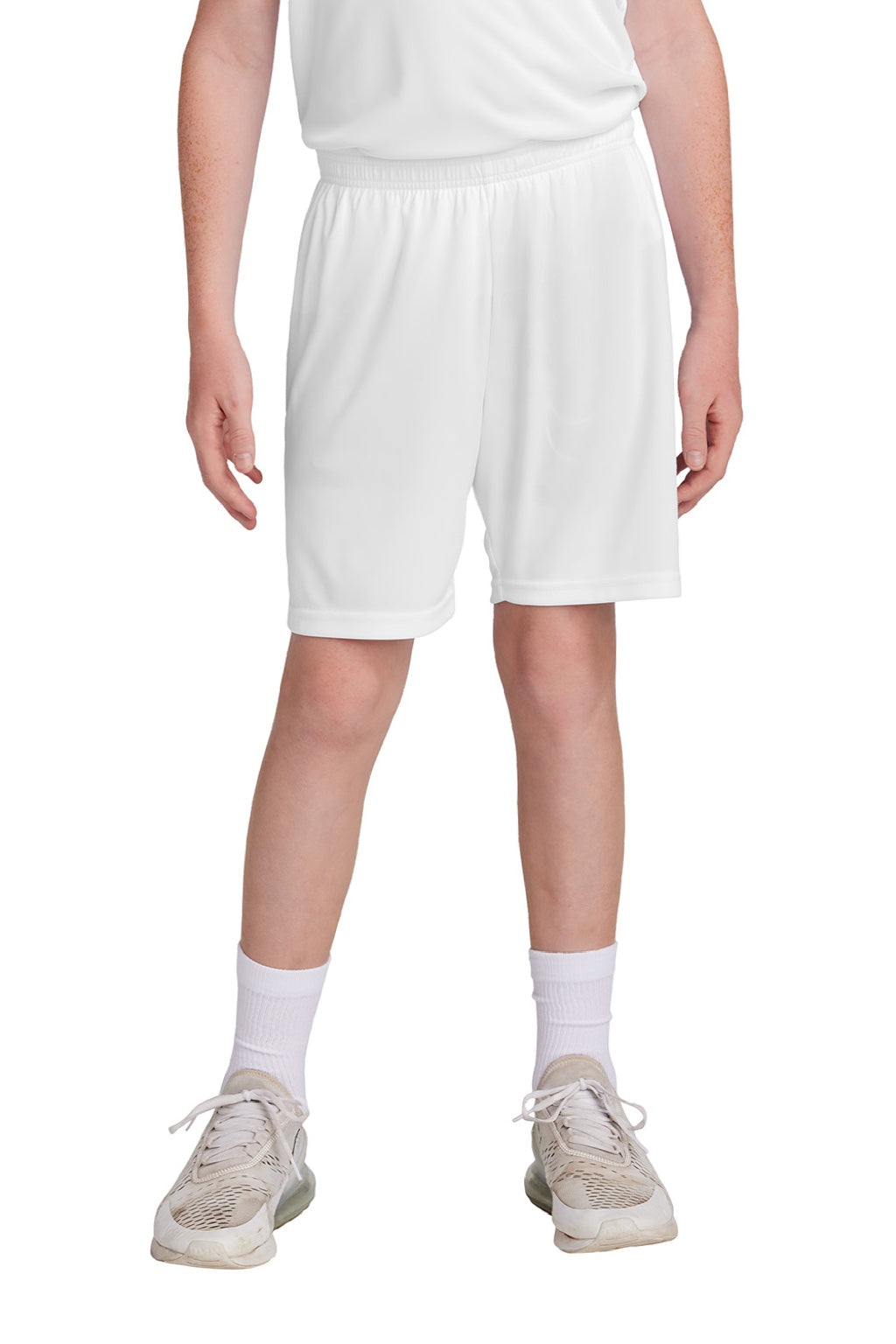 Sport-Tek YST103 Youth Moisture Wicking Competitor United Athletic Shorts White Model Front