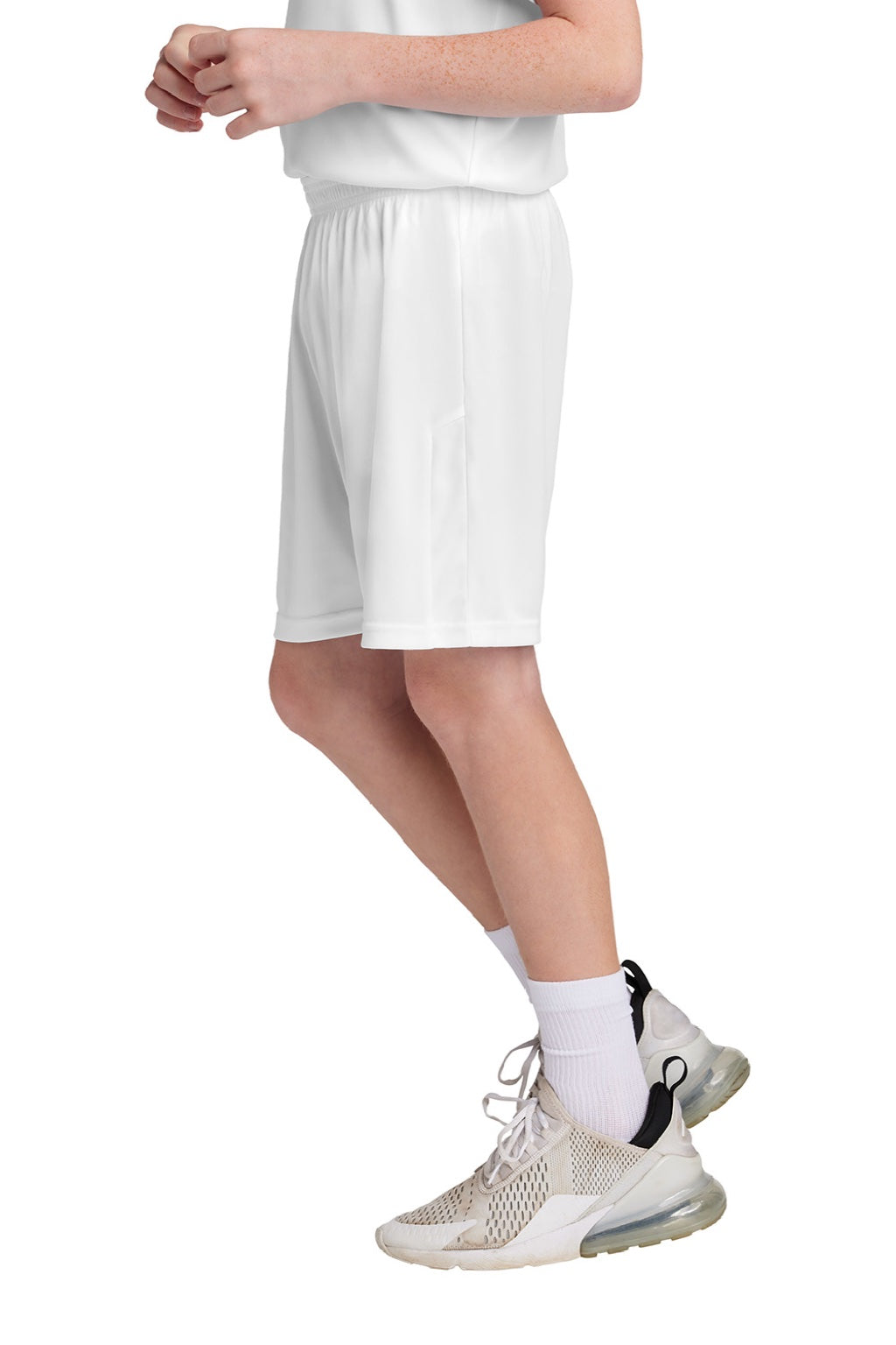 Sport-Tek YST103 Youth Moisture Wicking Competitor United Athletic Shorts White Model Side