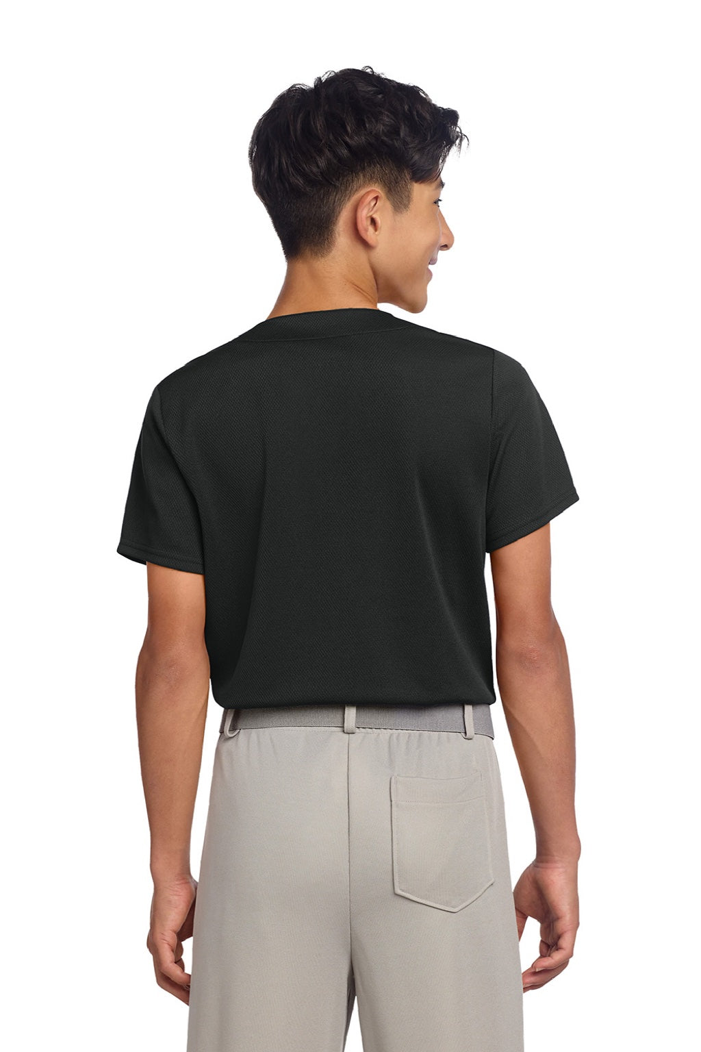 Sport-Tek YST220 Youth Tough Mesh Moisture Wicking Short Sleeve Jersey Black Model Back