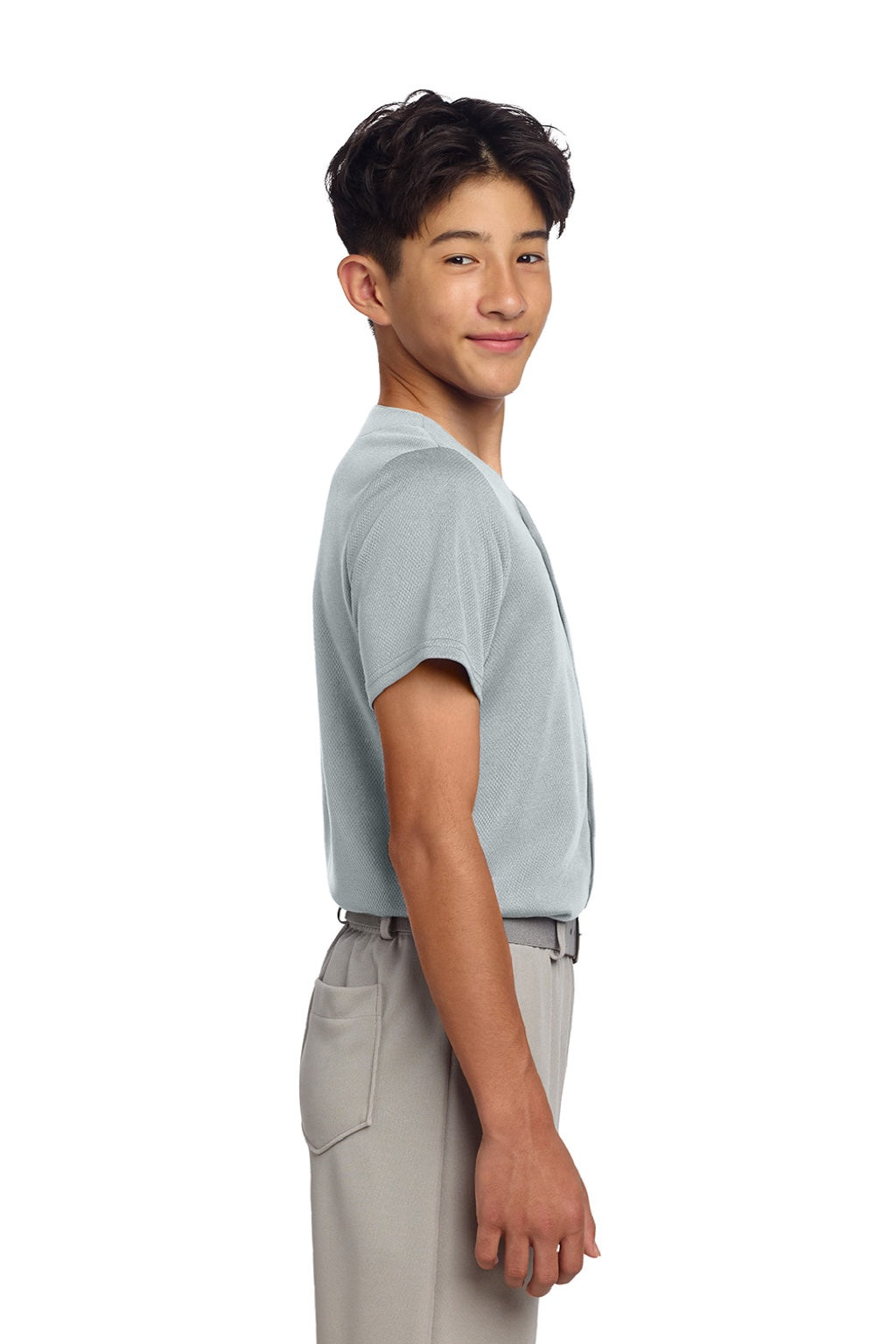 Sport-Tek YST220 Youth Tough Mesh Moisture Wicking Short Sleeve Jersey Silver Grey Model Side