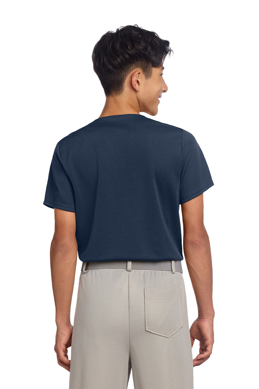 Sport-Tek YST220 Youth Tough Mesh Moisture Wicking Short Sleeve Jersey True Navy Blue Model Back
