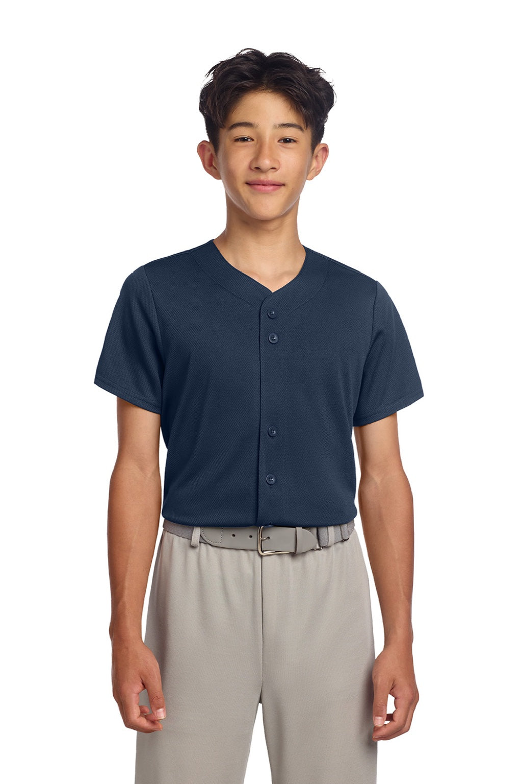 Sport-Tek YST220 Youth Tough Mesh Moisture Wicking Short Sleeve Jersey True Navy Blue Model Front