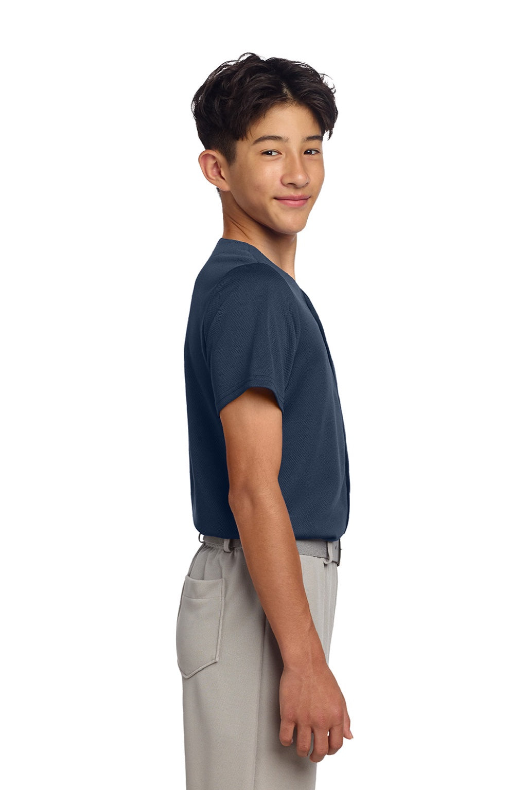 Sport-Tek YST220 Youth Tough Mesh Moisture Wicking Short Sleeve Jersey True Navy Blue Model Side