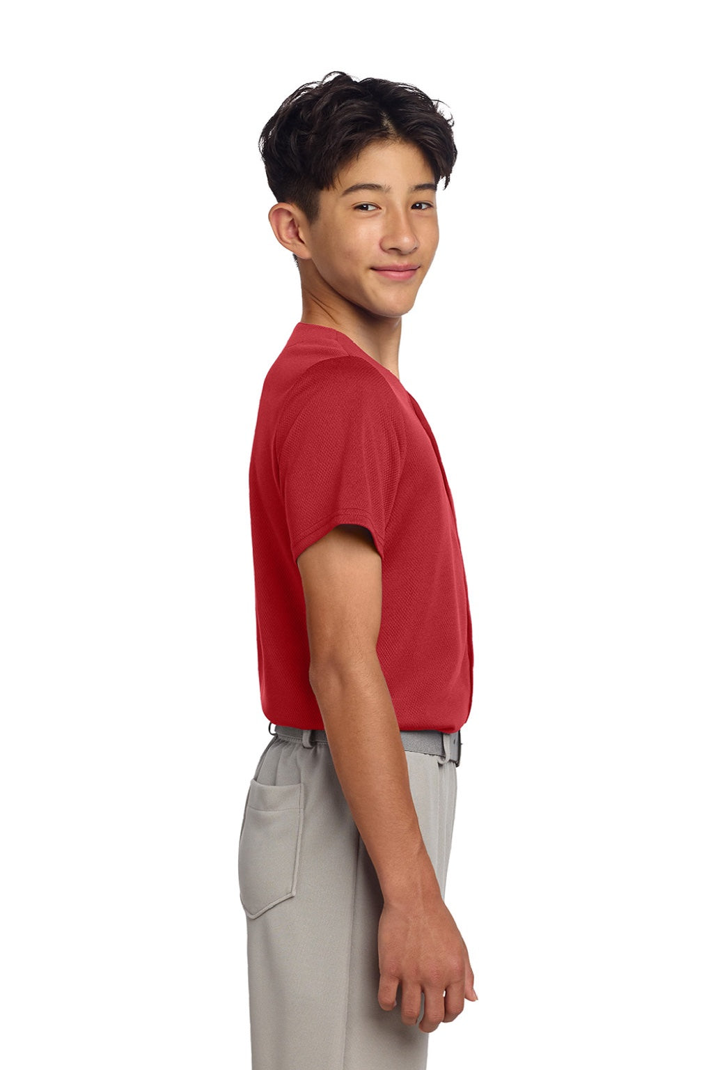 Sport-Tek YST220 Youth Tough Mesh Moisture Wicking Short Sleeve Jersey True Red Model Side