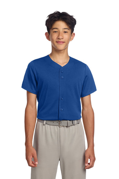 Sport-Tek YST220 Youth Tough Mesh Moisture Wicking Short Sleeve Jersey True Royal Blue Model Front