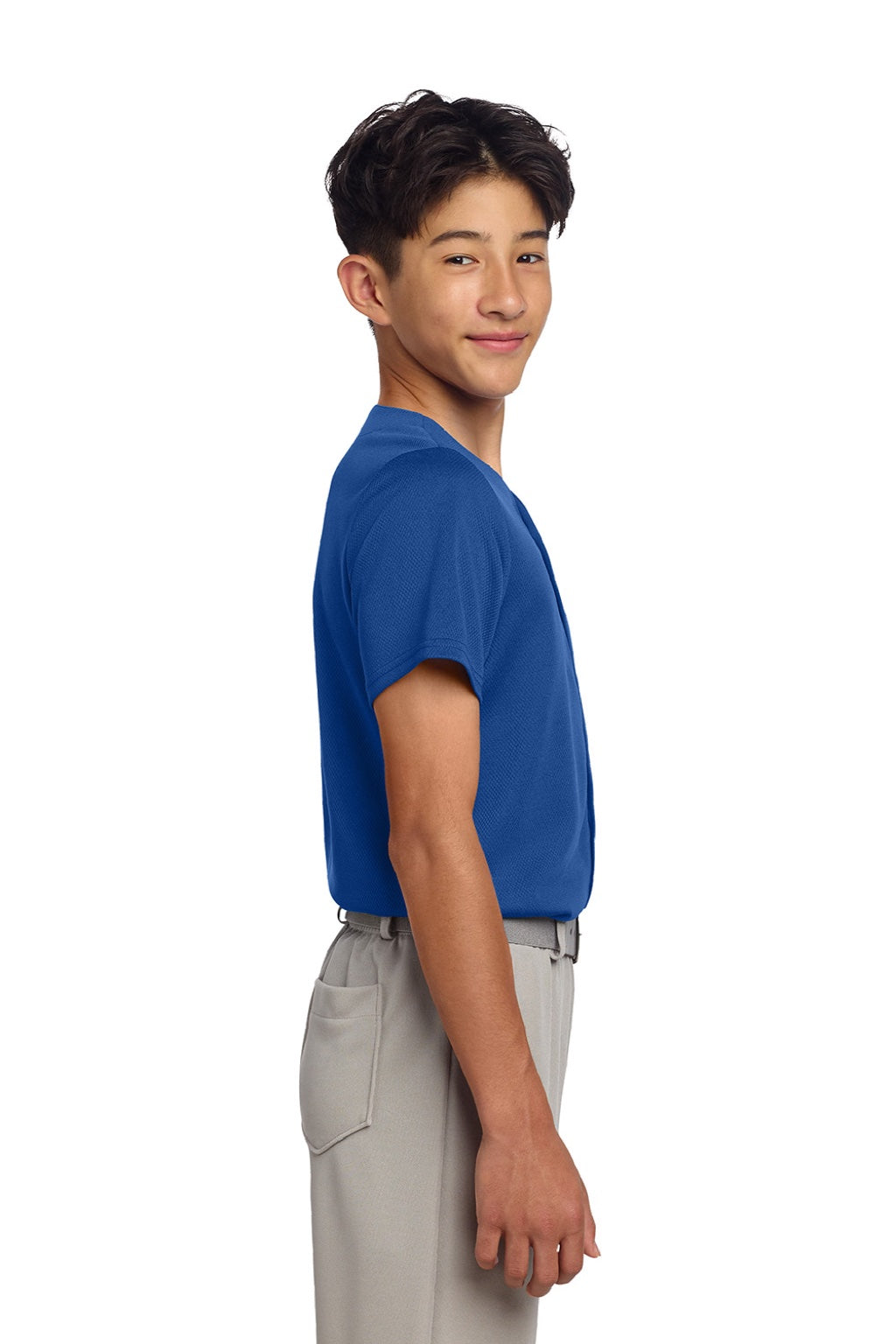 Sport-Tek YST220 Youth Tough Mesh Moisture Wicking Short Sleeve Jersey True Royal Blue Model Side