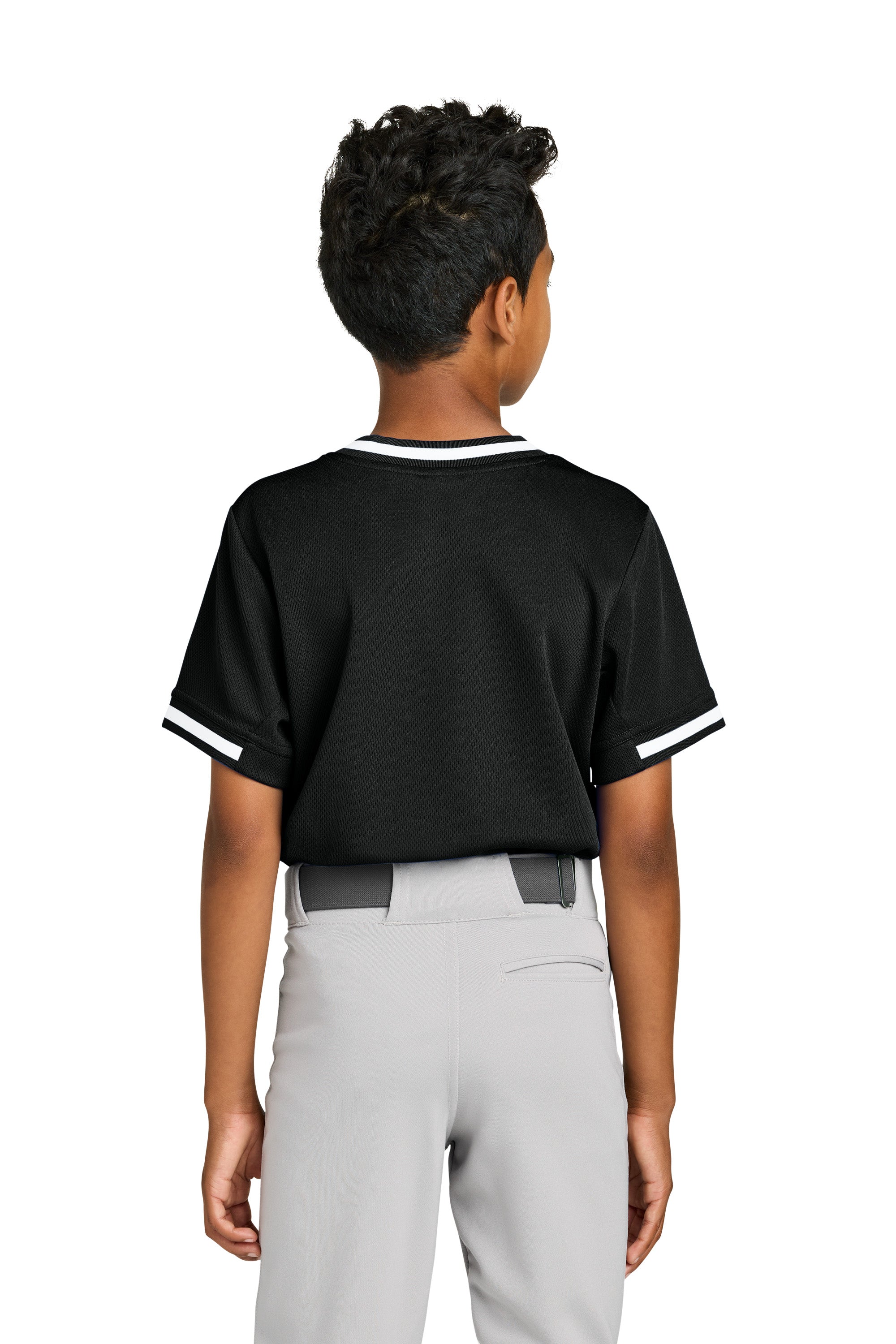 Sport-Tek YST221 Youth Tough Mesh V-Neck Baseball Jersey Black Model Back