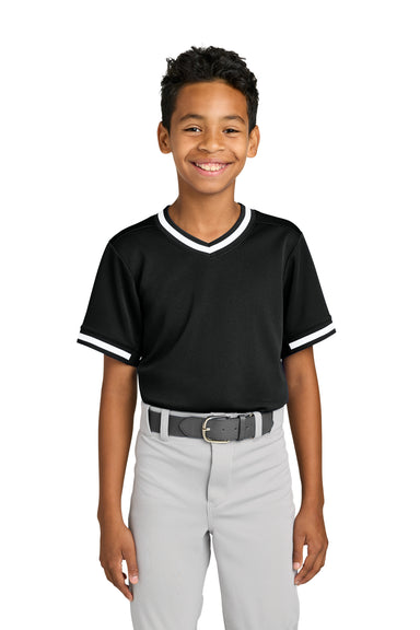 Sport-Tek YST221 Youth Tough Mesh V-Neck Baseball Jersey Black Model Front