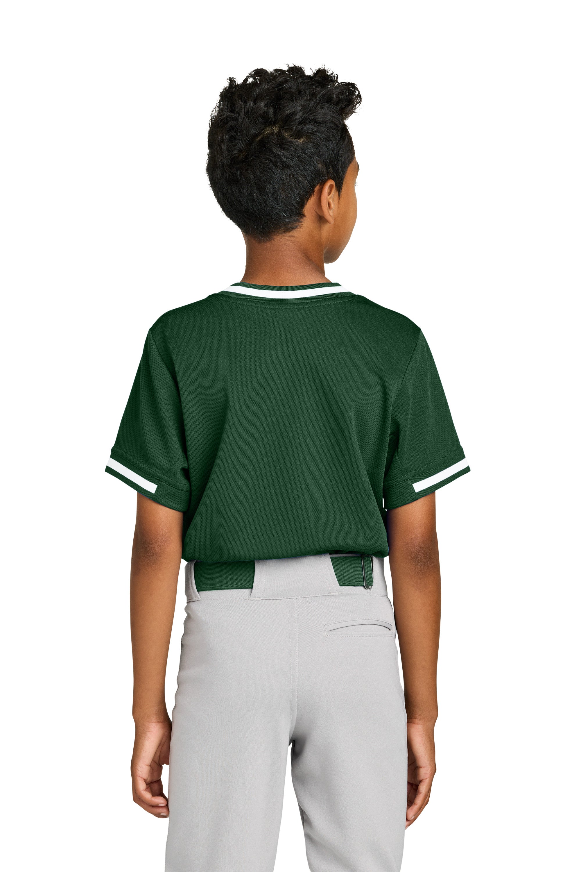Sport-Tek YST221 Youth Tough Mesh V-Neck Baseball Jersey Forest Green Model Back
