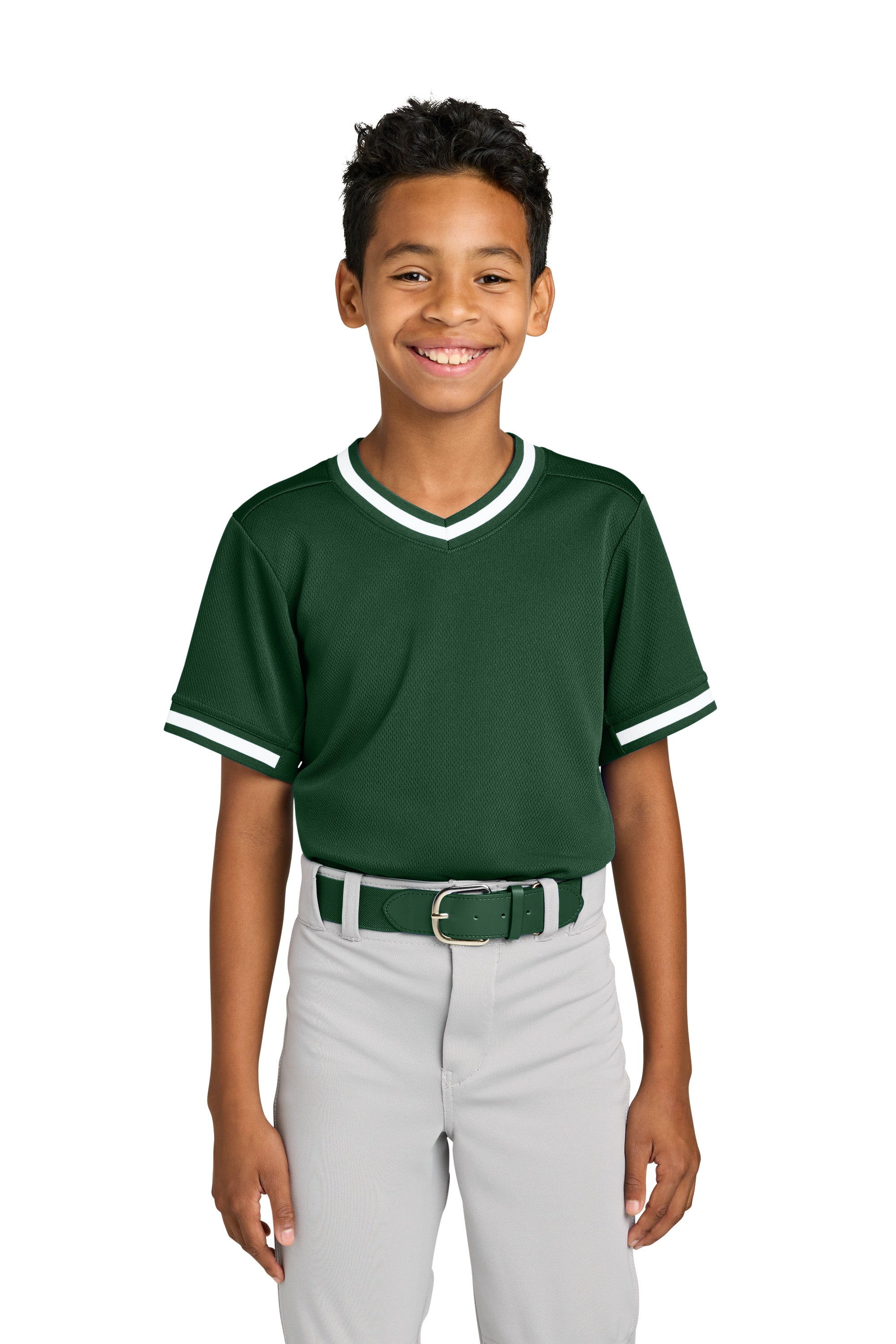 Sport-Tek YST221 Youth Tough Mesh V-Neck Baseball Jersey Forest Green Model Front