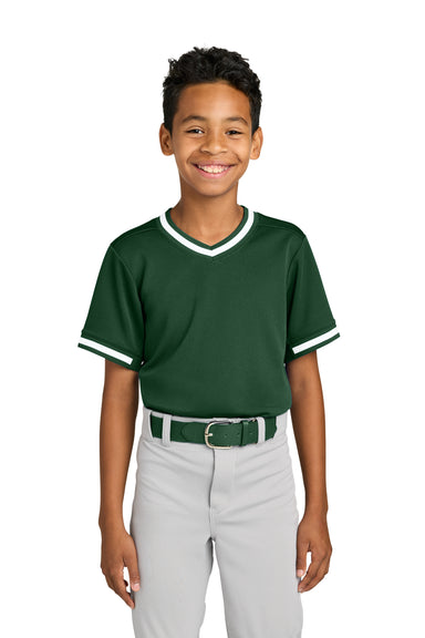 Sport-Tek YST221 Youth Tough Mesh V-Neck Baseball Jersey Forest Green Model Front