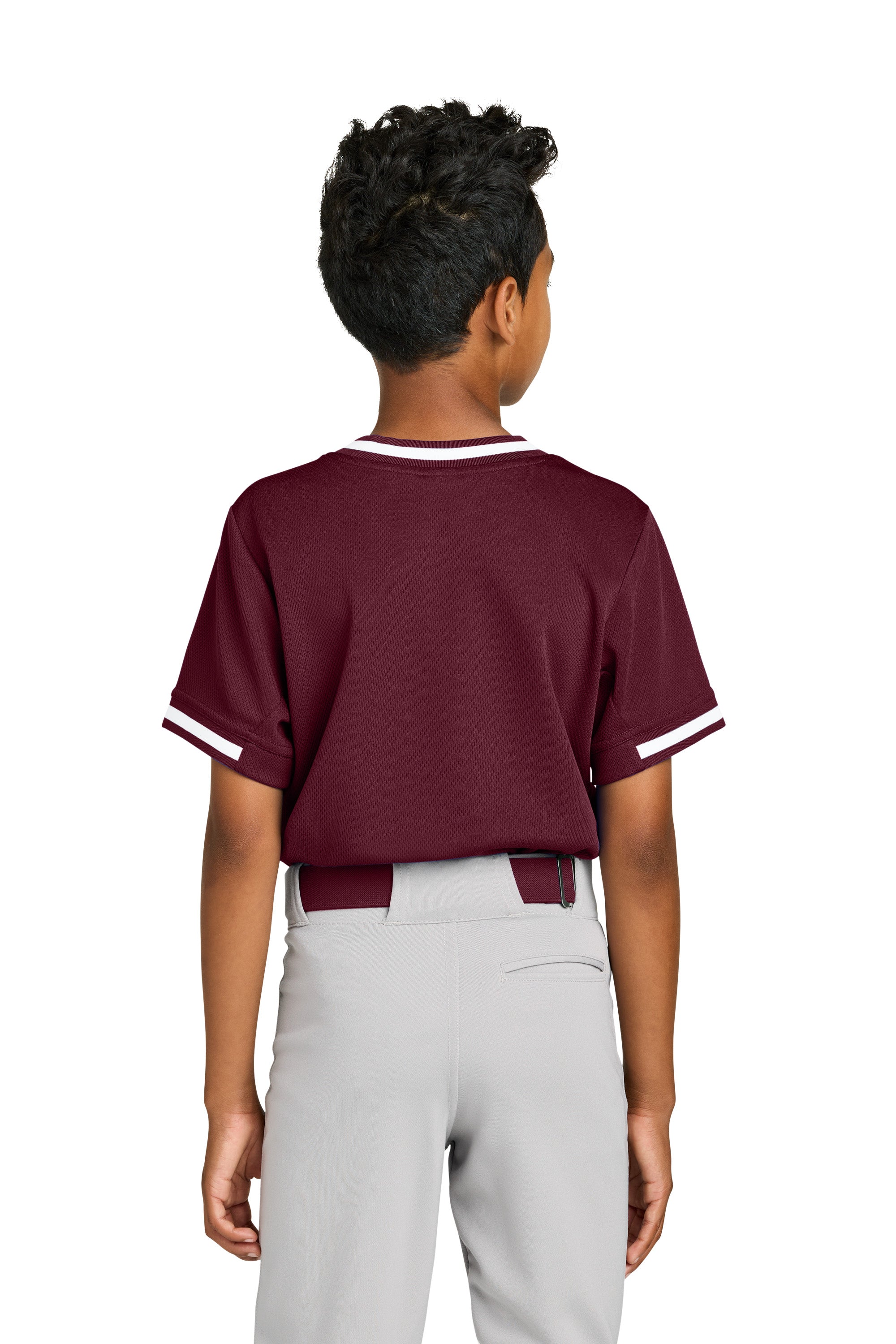 Sport-Tek YST221 Youth Tough Mesh V-Neck Baseball Jersey Maroon Model Back
