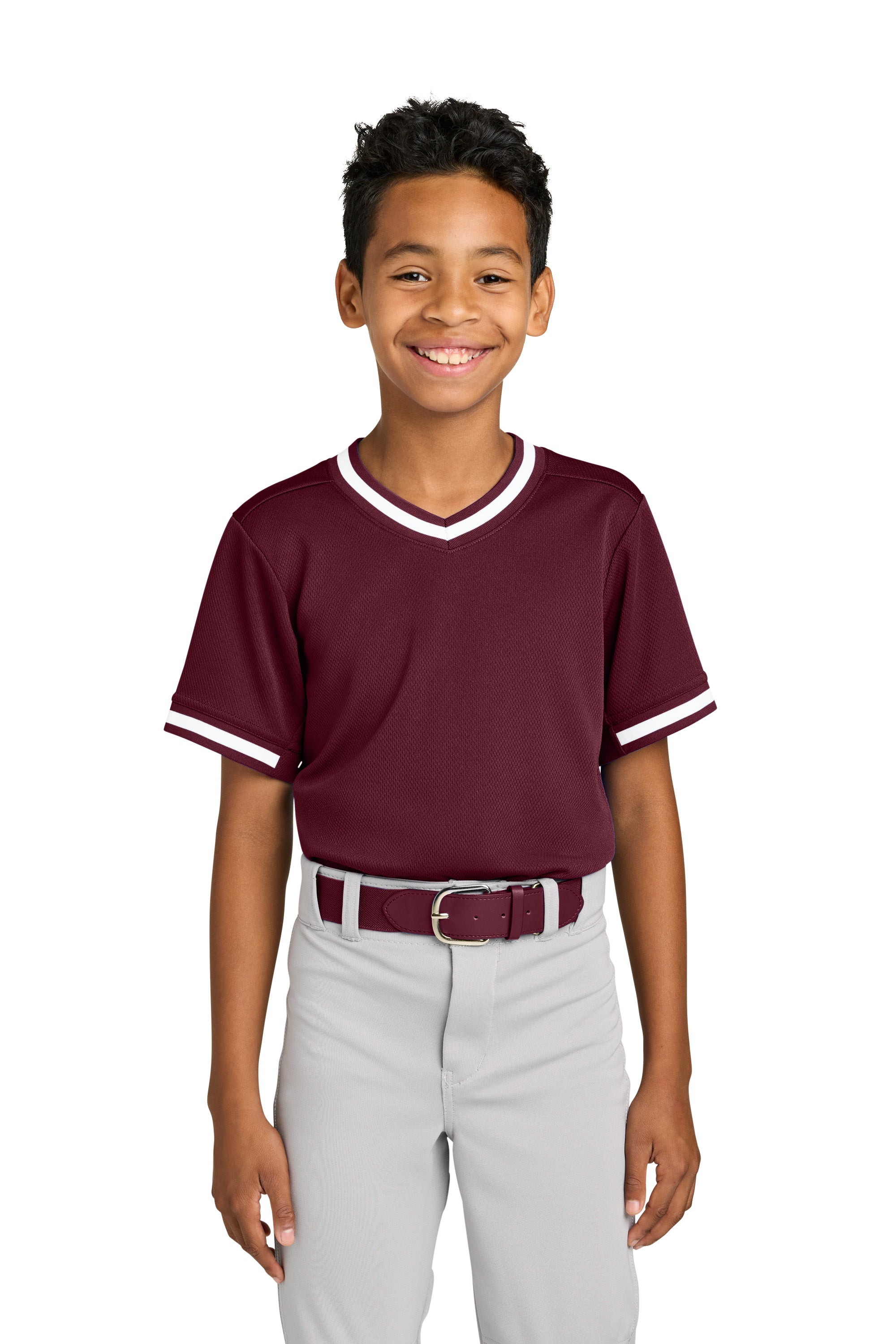Sport-Tek YST221 Youth Tough Mesh V-Neck Baseball Jersey Maroon Model Front