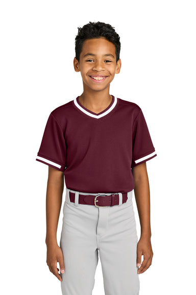 Sport-Tek YST221 Youth Tough Mesh V-Neck Baseball Jersey Maroon Model Front