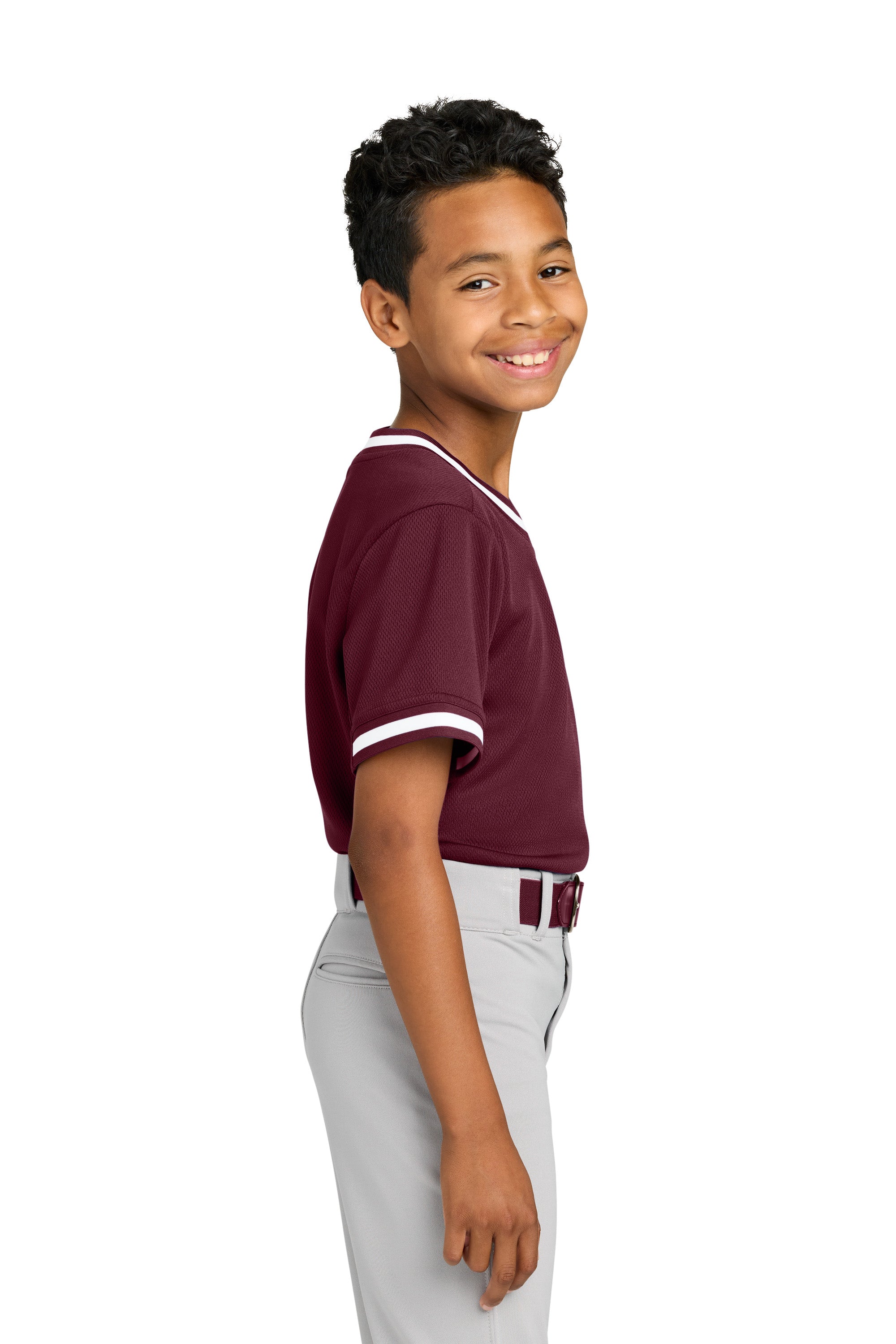 Sport-Tek YST221 Youth Tough Mesh V-Neck Baseball Jersey Maroon Model Side