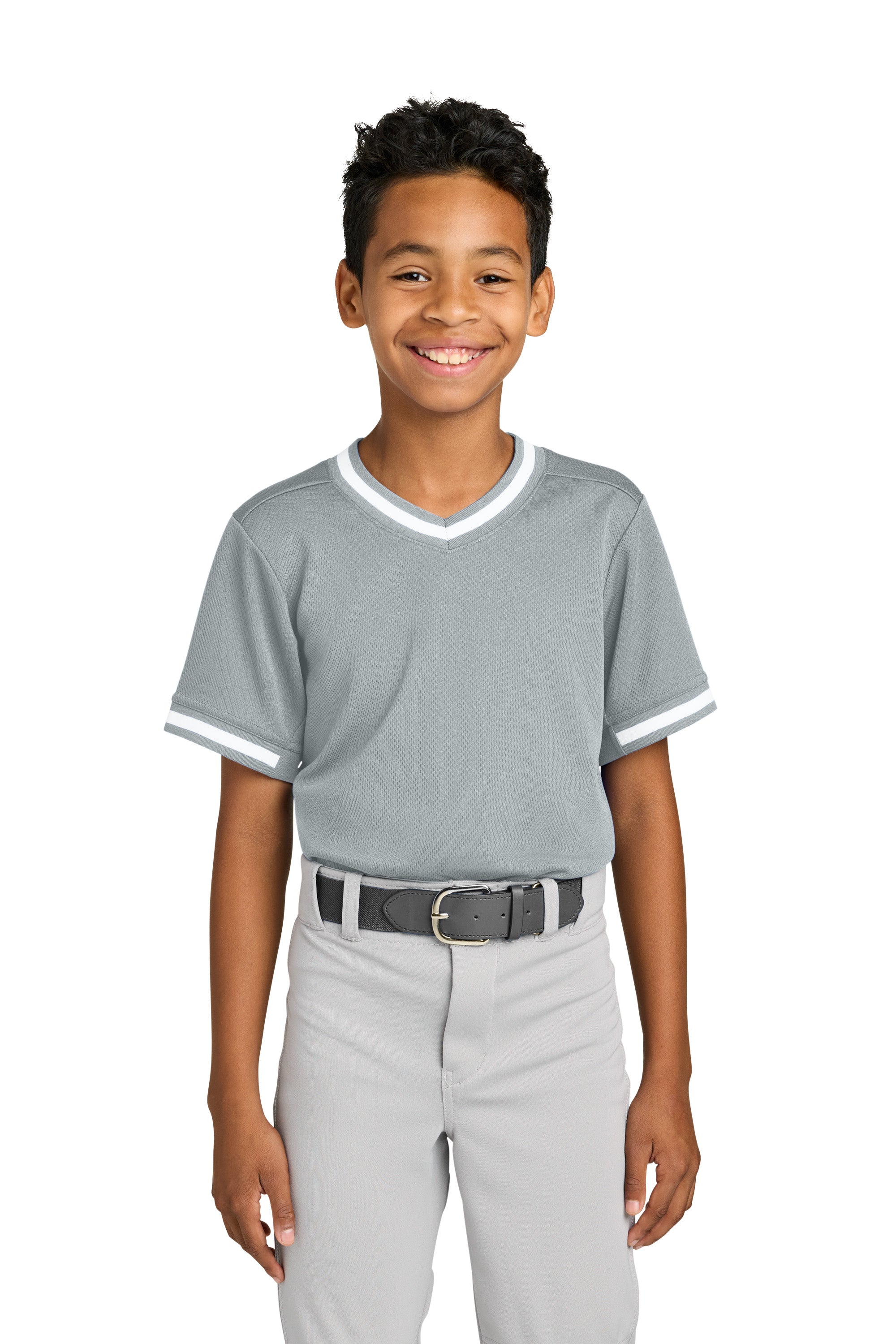 Sport-Tek YST221 Youth Tough Mesh V-Neck Baseball Jersey Silver Grey Model Front