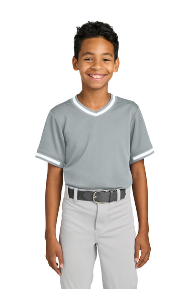 Sport-Tek YST221 Youth Tough Mesh V-Neck Baseball Jersey Silver Grey Model Front