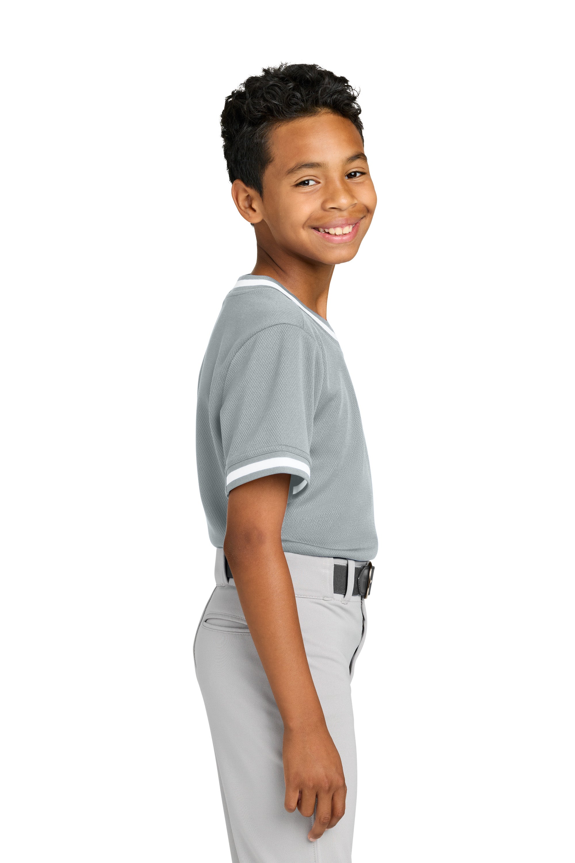 Sport-Tek YST221 Youth Tough Mesh V-Neck Baseball Jersey Silver Grey Model Side