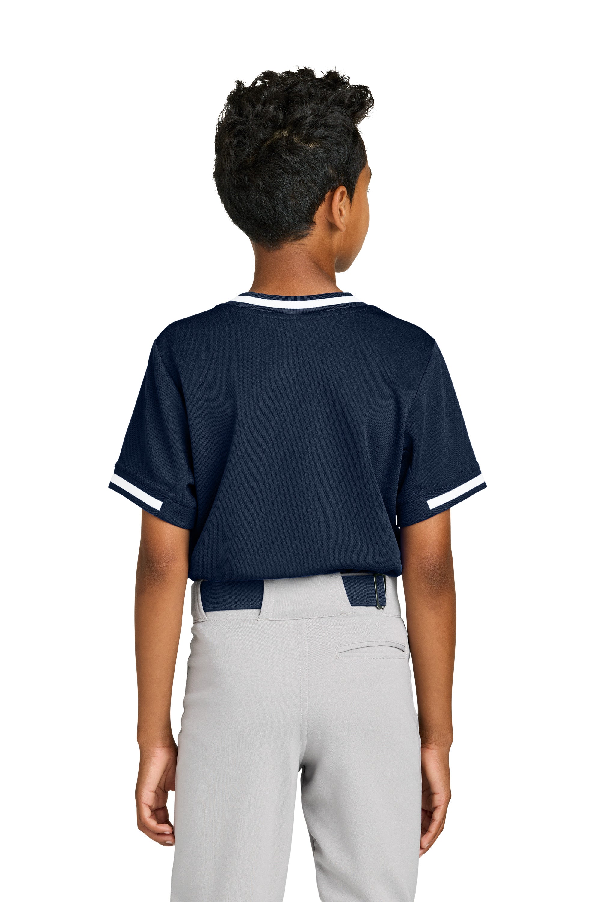 Sport-Tek YST221 Youth Tough Mesh V-Neck Baseball Jersey True Navy Blue Model Back