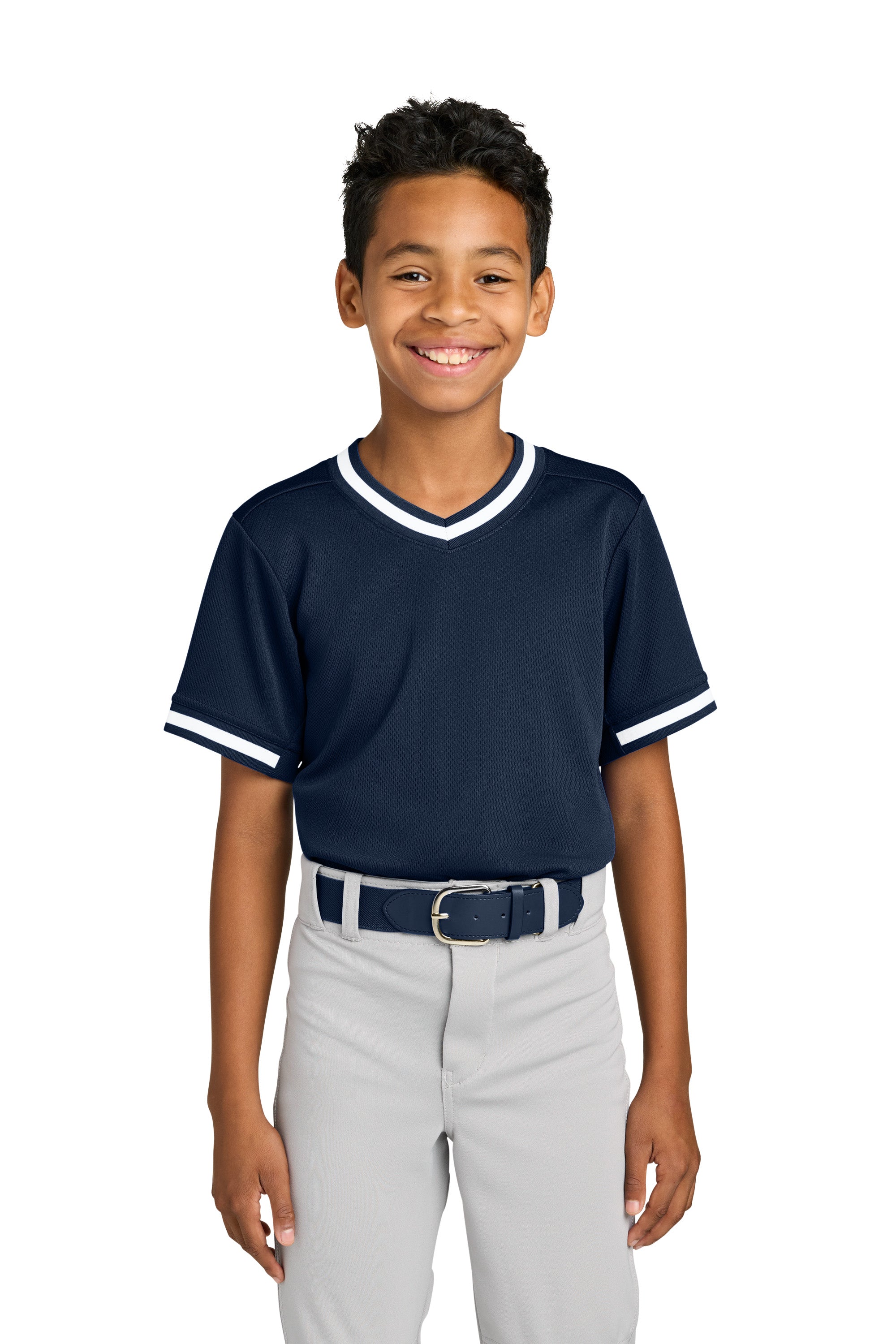 Sport-Tek YST221 Youth Tough Mesh V-Neck Baseball Jersey True Navy Blue Model Front