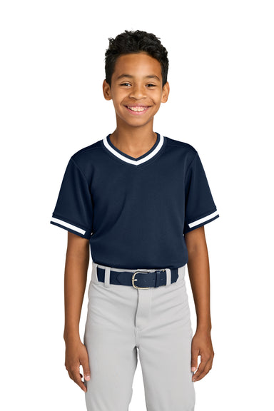 Sport-Tek YST221 Youth Tough Mesh V-Neck Baseball Jersey True Navy Blue Model Front
