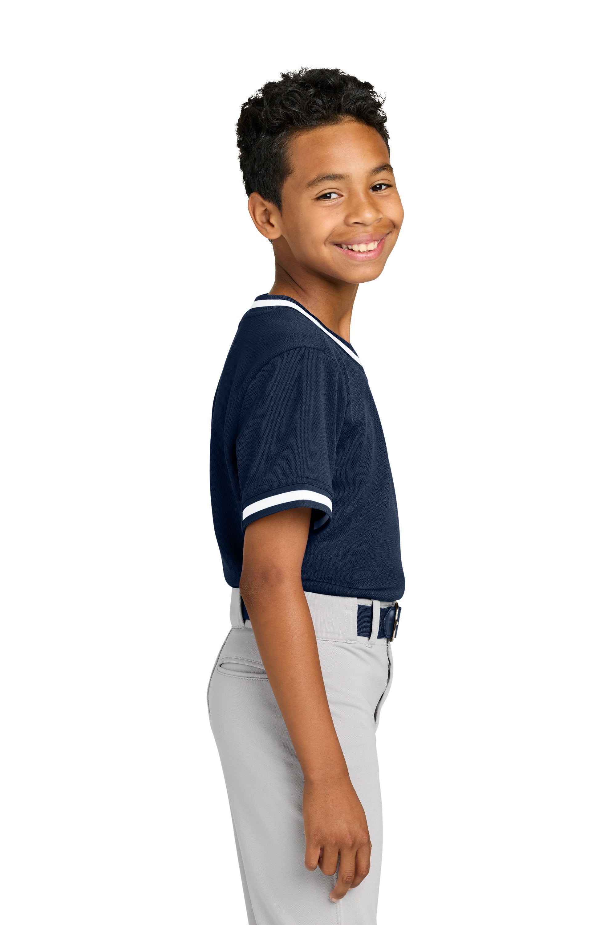 Sport-Tek YST221 Youth Tough Mesh V-Neck Baseball Jersey True Navy Blue Model Side