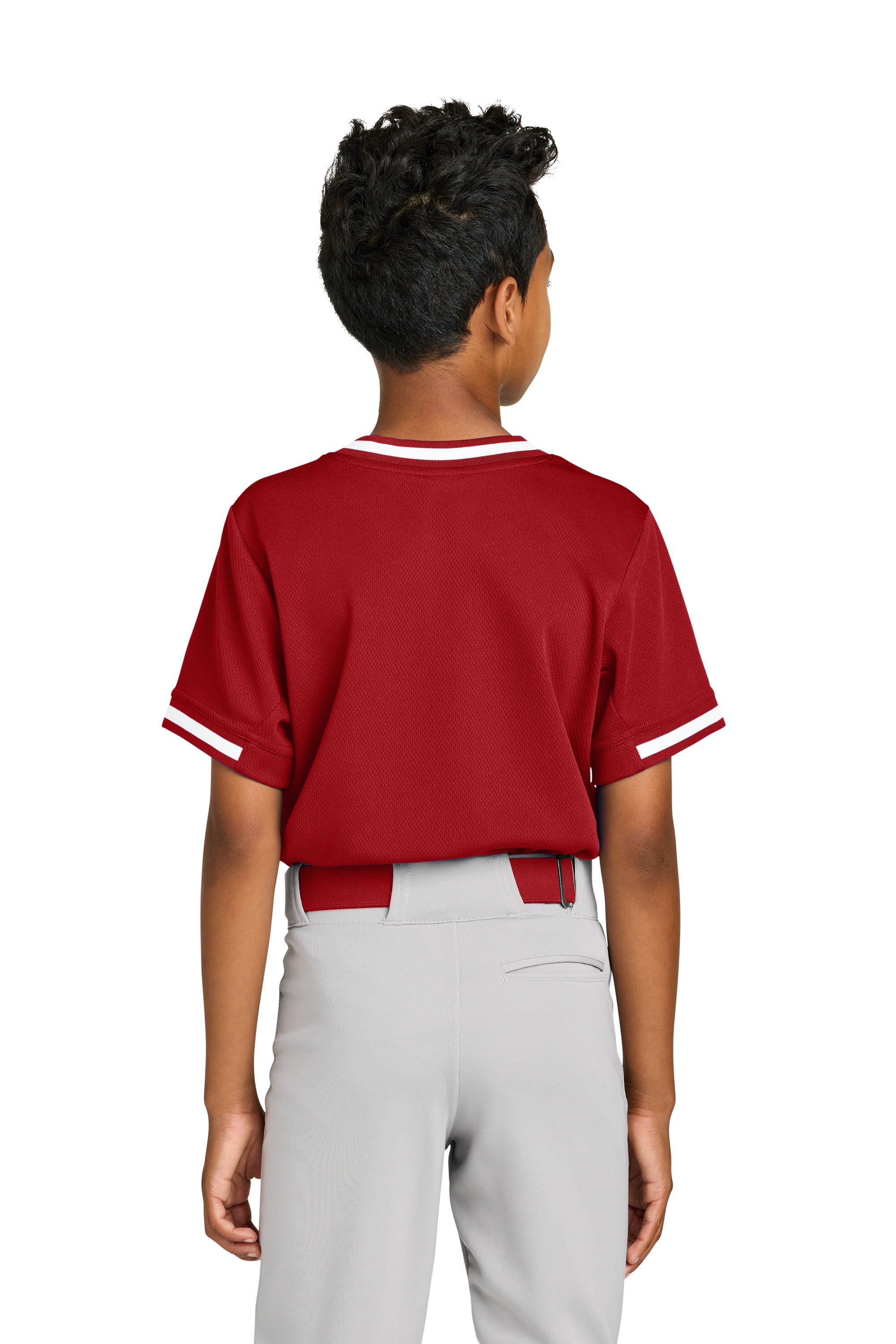 Sport-Tek YST221 Youth Tough Mesh V-Neck Baseball Jersey True Red Model Back