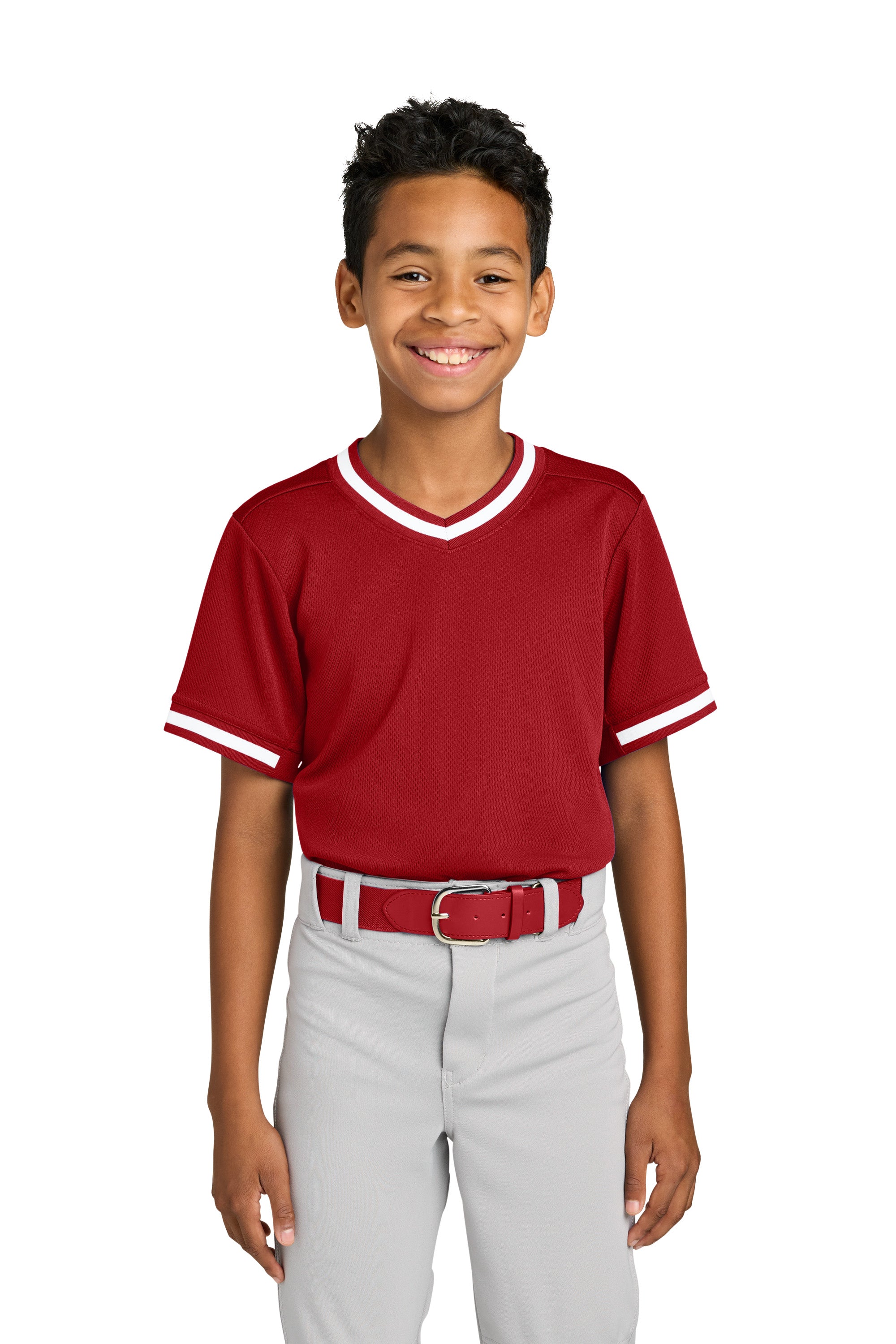 Sport-Tek YST221 Youth Tough Mesh V-Neck Baseball Jersey True Red Model Front