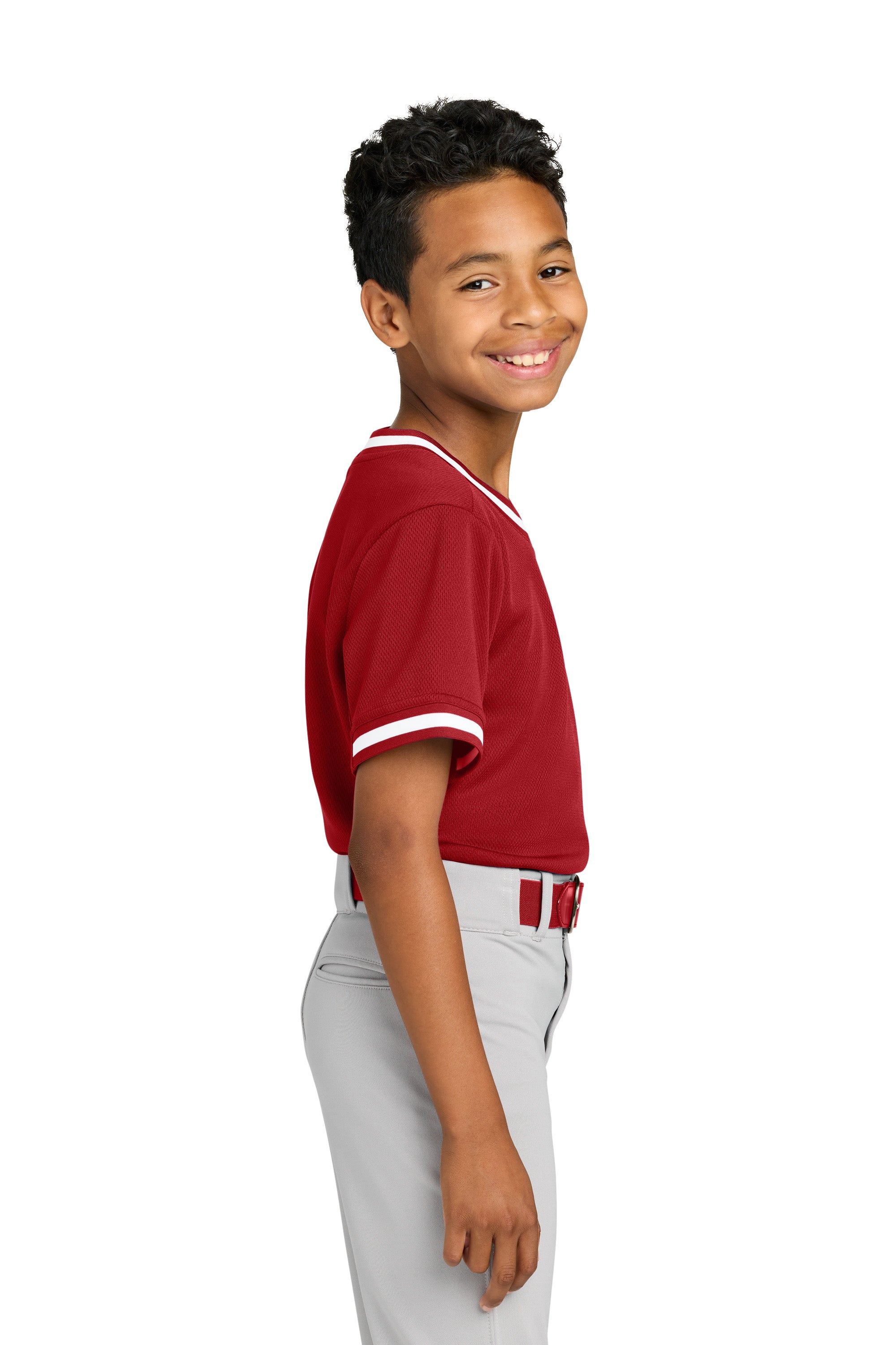 Sport-Tek YST221 Youth Tough Mesh V-Neck Baseball Jersey True Red Model Side