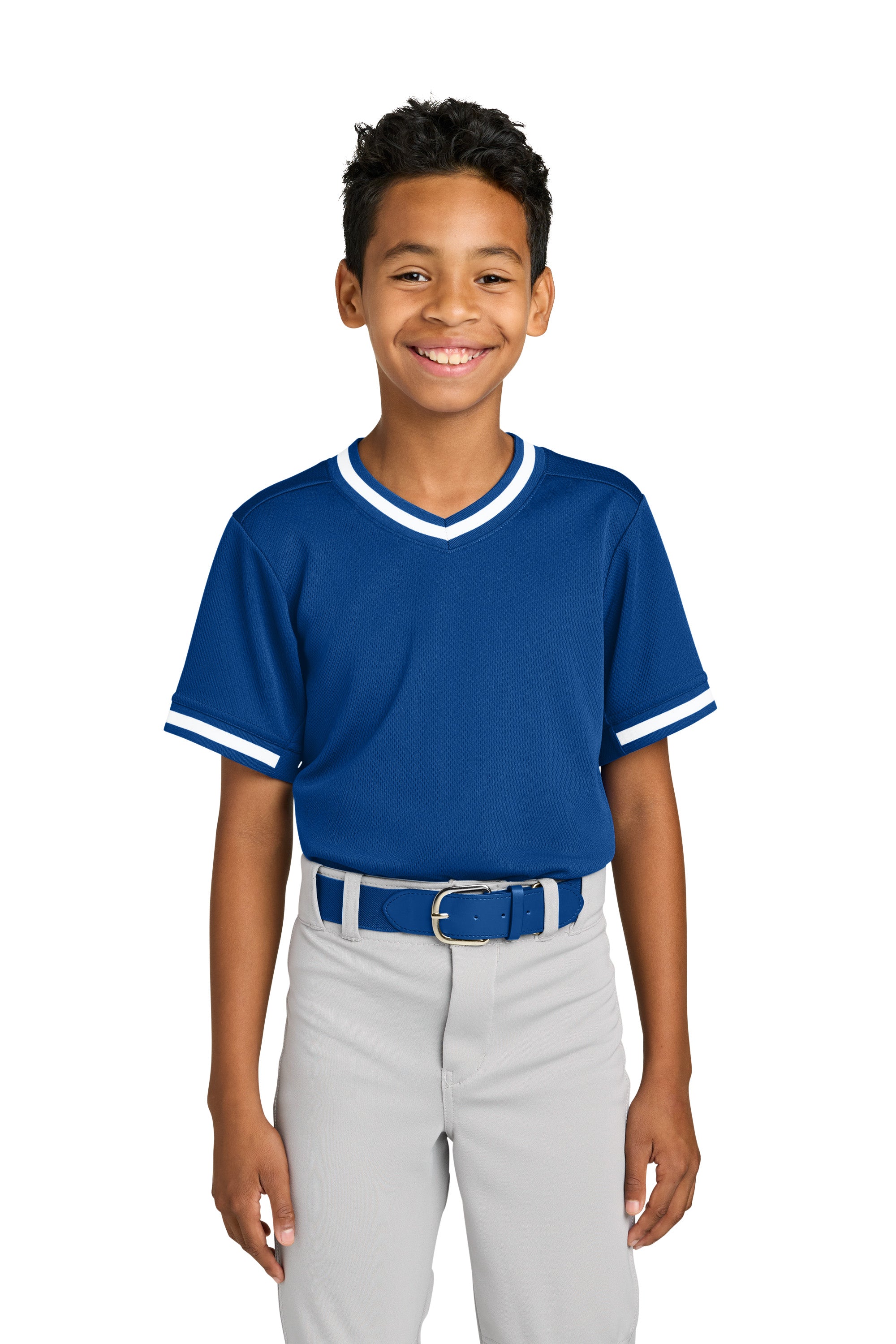 Sport-Tek YST221 Youth Tough Mesh V-Neck Baseball Jersey True Royal Blue Model Front