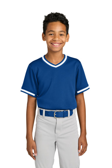 Sport-Tek YST221 Youth Tough Mesh V-Neck Baseball Jersey True Royal Blue Model Front