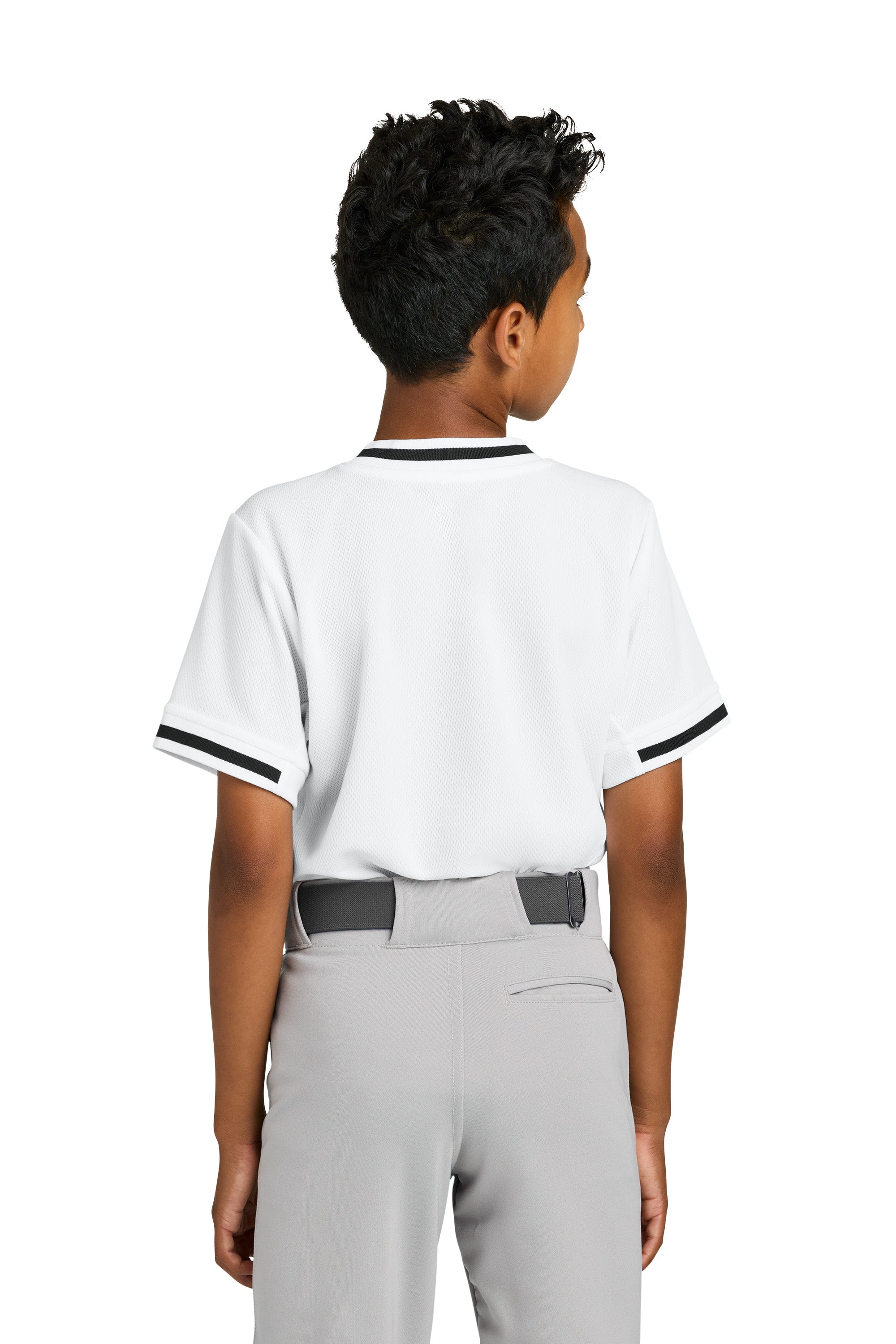 Sport-Tek YST221 Youth Tough Mesh V-Neck Baseball Jersey White Model Back