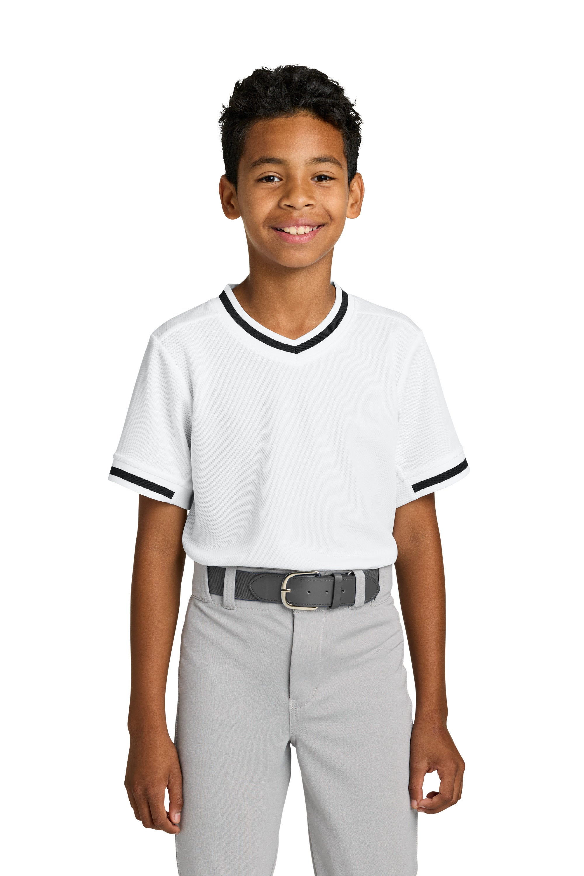 Sport-Tek YST221 Youth Tough Mesh V-Neck Baseball Jersey White Model Front