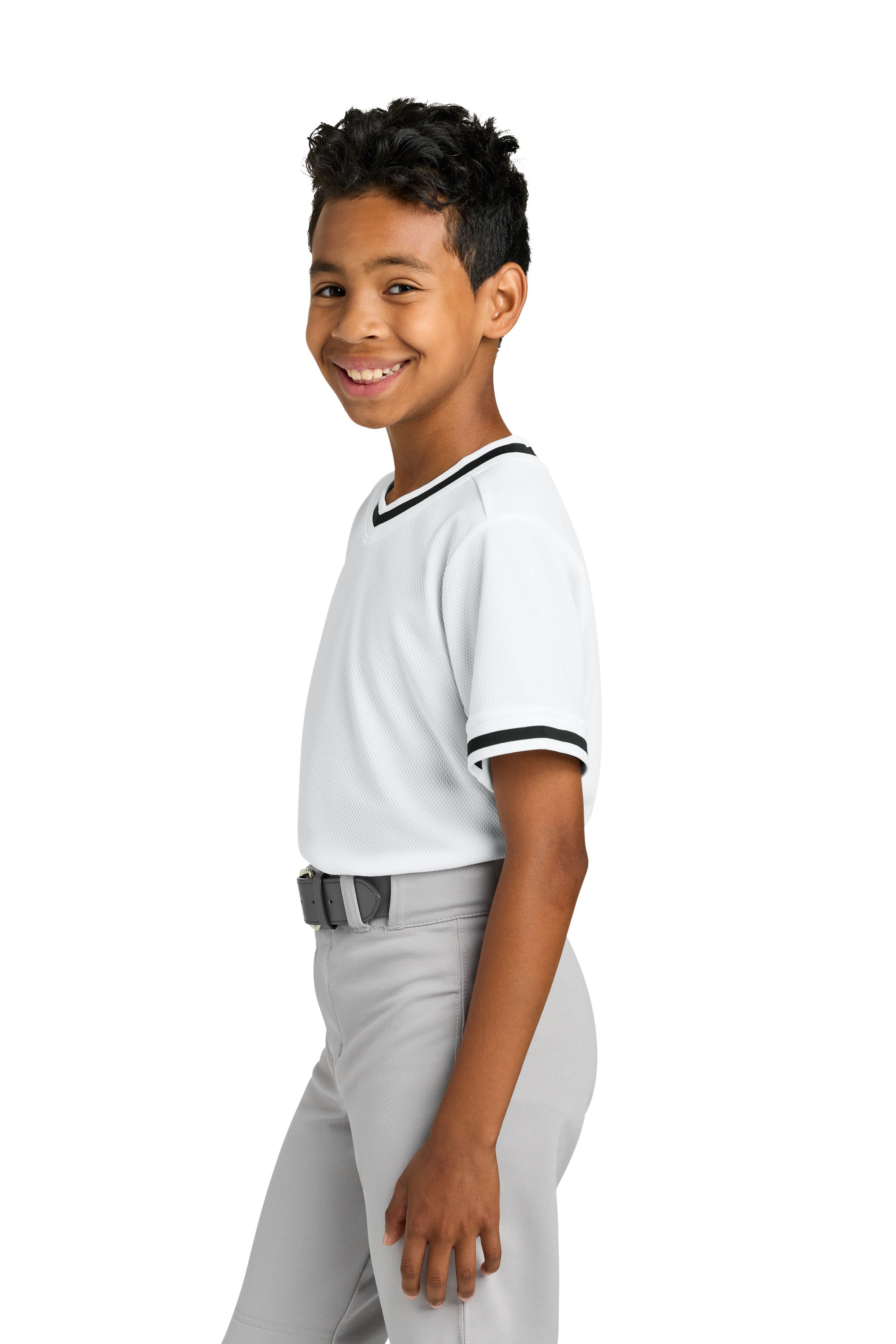 Sport-Tek YST221 Youth Tough Mesh V-Neck Baseball Jersey White Model Side