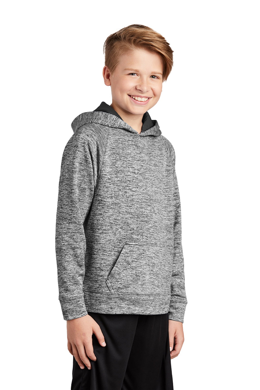 Sport-Tek YST225 Youth Electric Heather Moisture Wicking Fleece Hooded Sweatshirt Hoodie w/ Pouch Pocket Black Electric Model 3q