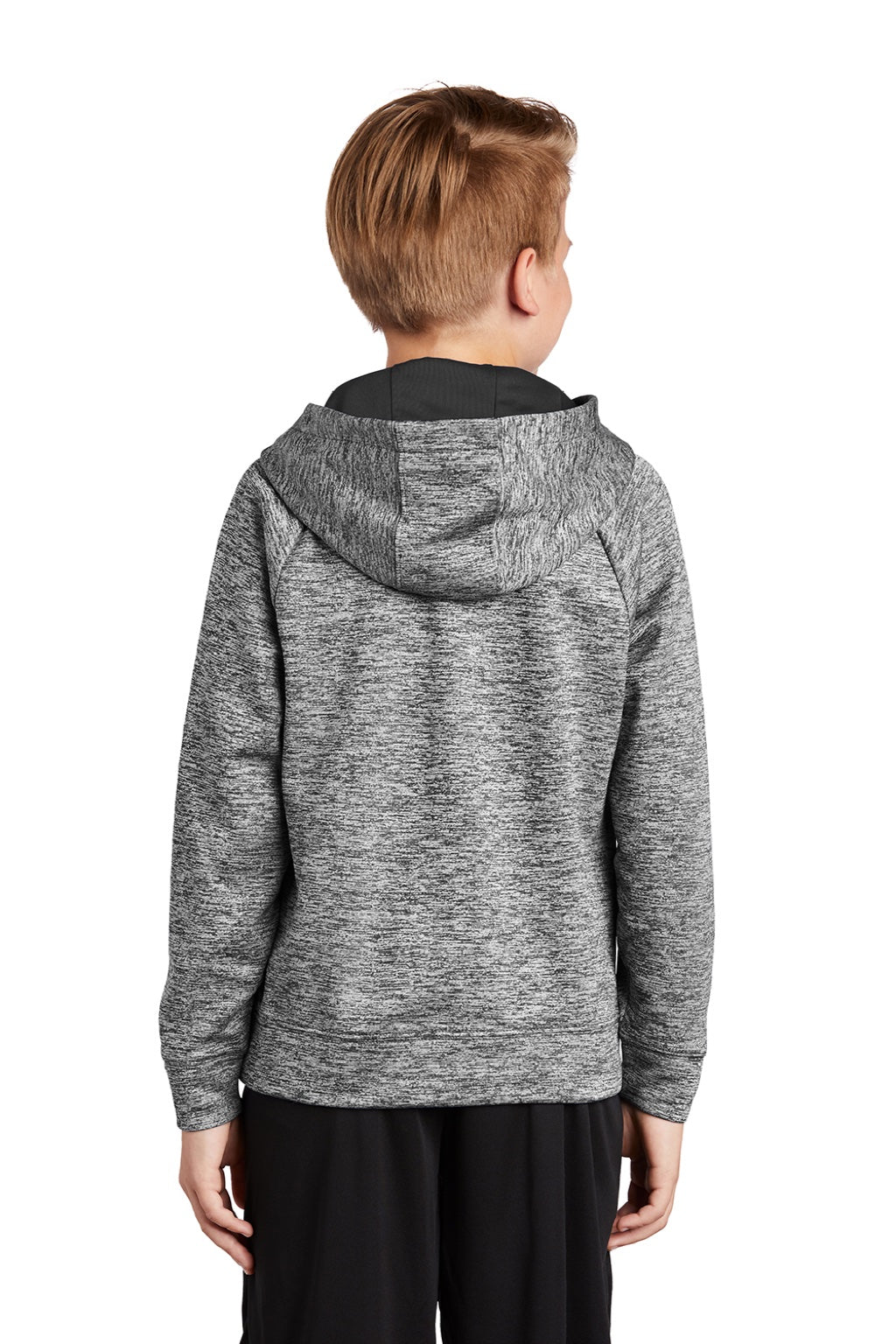 Sport-Tek YST225 Youth Electric Heather Moisture Wicking Fleece Hooded Sweatshirt Hoodie w/ Pouch Pocket Black Electric Model Back