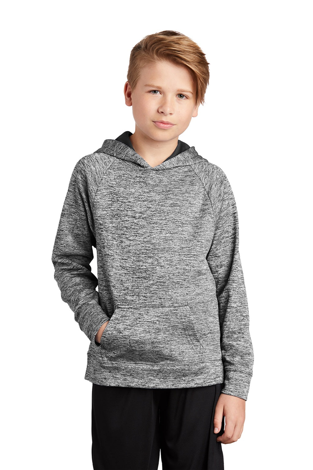 Sport-Tek YST225 Youth Electric Heather Moisture Wicking Fleece Hooded Sweatshirt Hoodie w/ Pouch Pocket Black Electric Model Front
