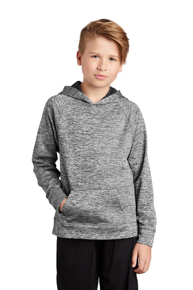 Sport-Tek YST225 Youth Electric Heather Moisture Wicking Fleece Hooded Sweatshirt Hoodie w/ Pouch Pocket Black Electric Model Front