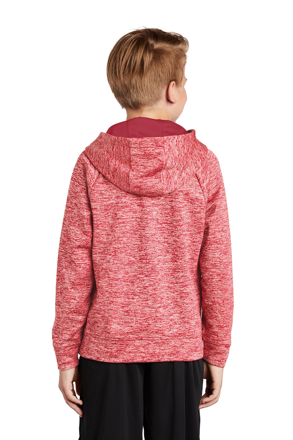 Sport-Tek YST225 Youth Electric Heather Moisture Wicking Fleece Hooded Sweatshirt Hoodie w/ Pouch Pocket Deep Red Electric Model Back