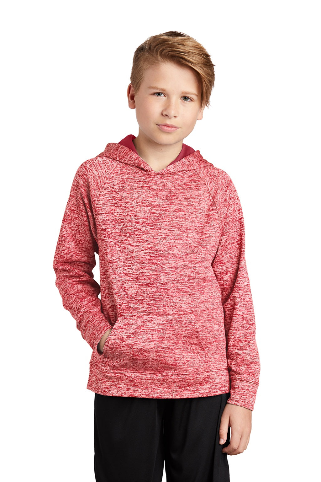 Sport-Tek YST225 Youth Electric Heather Moisture Wicking Fleece Hooded Sweatshirt Hoodie w/ Pouch Pocket Deep Red Electric Model Front